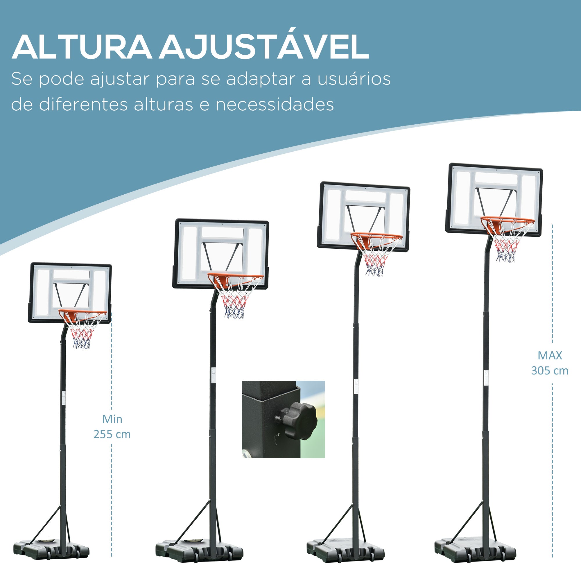 Tabela de Basquetebol Ajustável em Altura 86x165x350 cm - Cor Preto