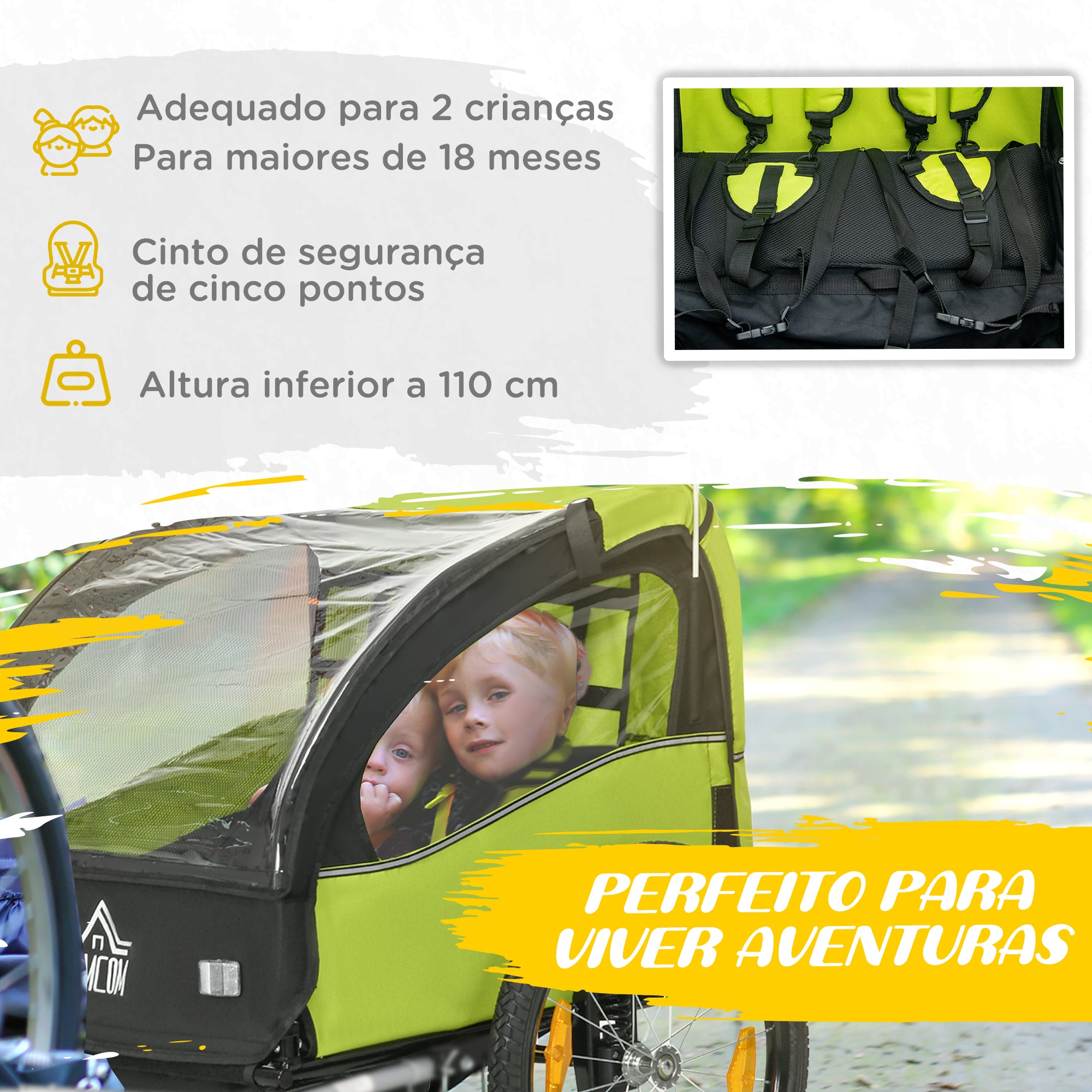 Reboque de Bicicleta para Crianças com 2 Lugares Verde 140x88x90 cm
