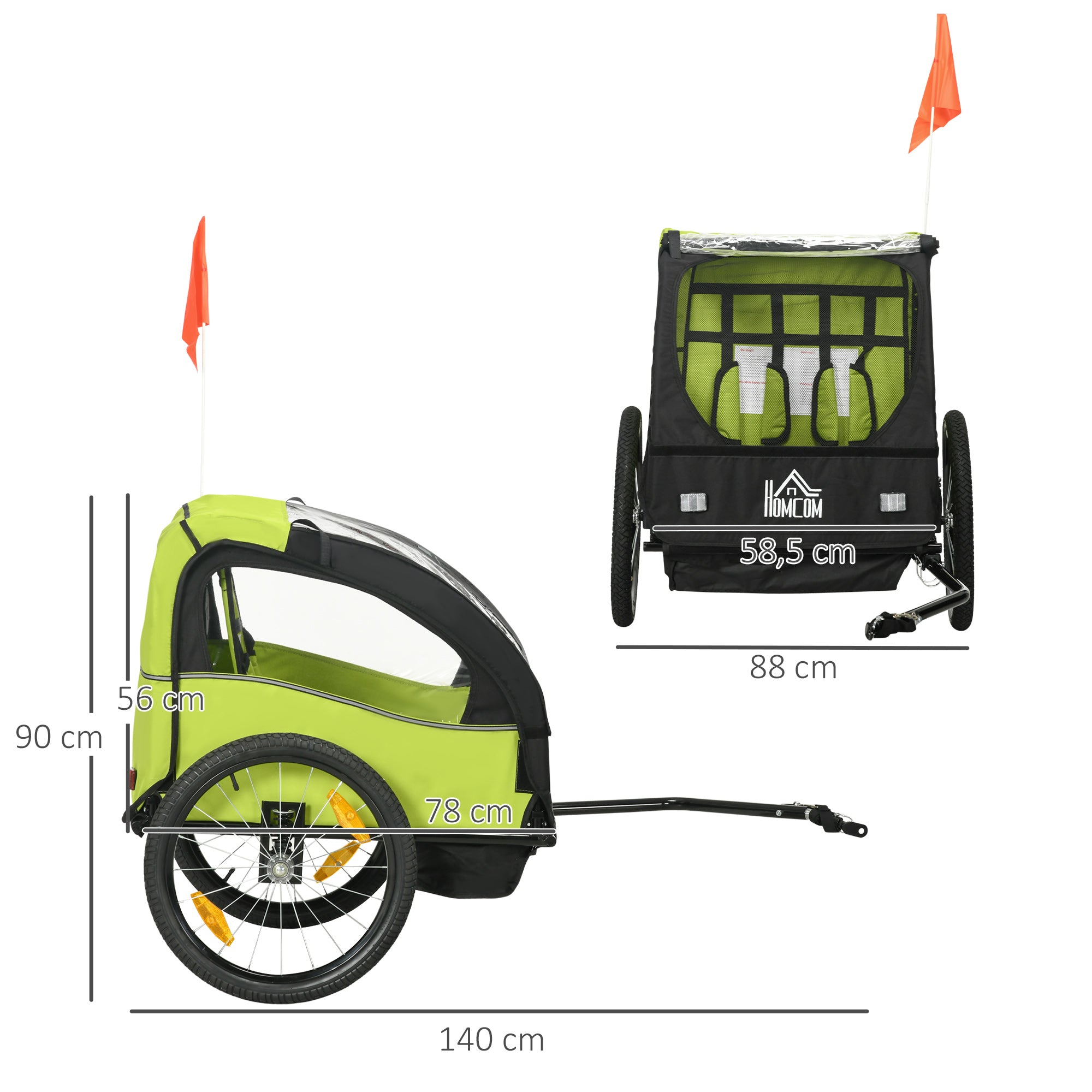 Reboque de Bicicleta para Crianças com 2 Lugares Verde 140x88x90 cm