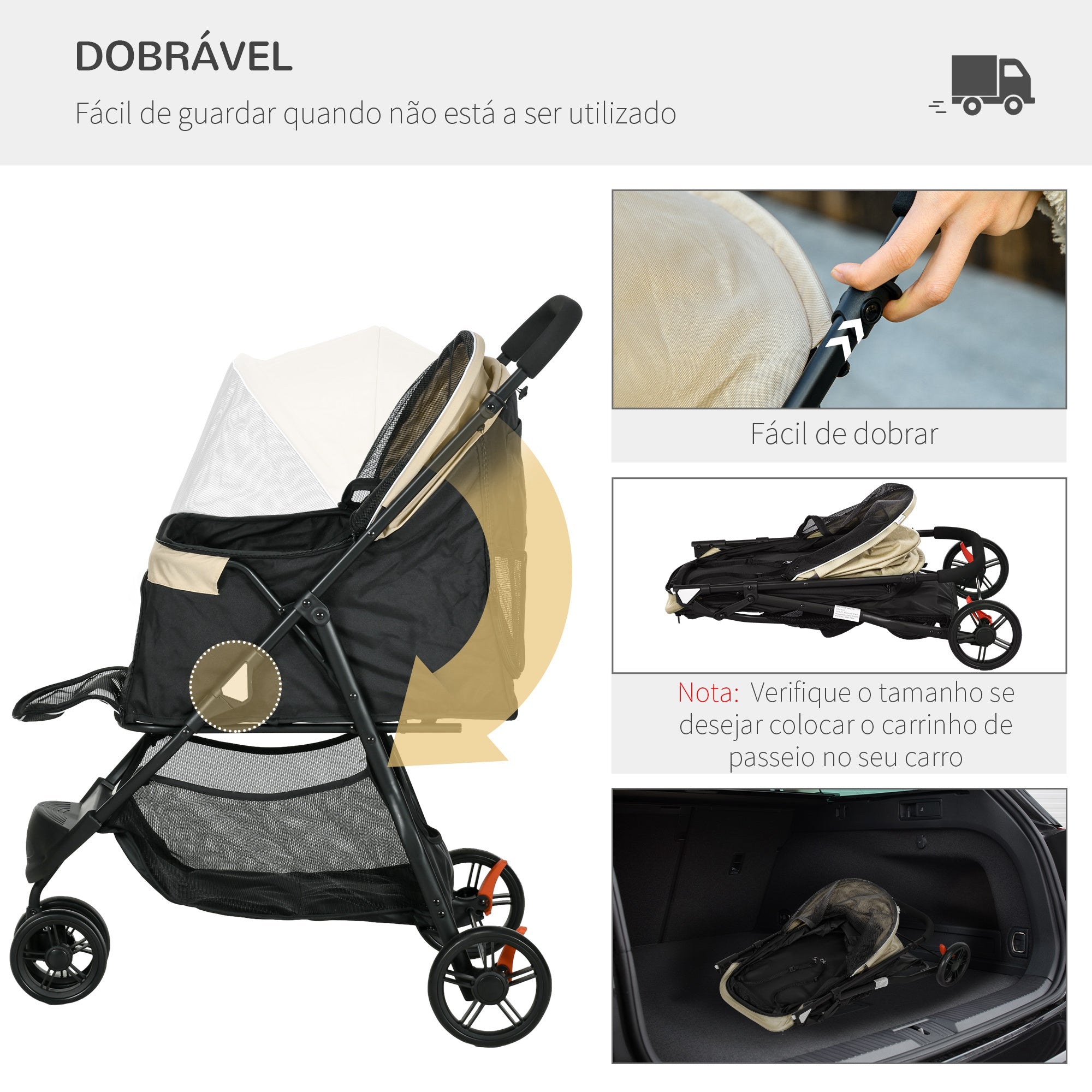 Carrinho para Cães Dobrável com Capa de Chuva - Cor Cáqui 80,5x51,5x100 cm