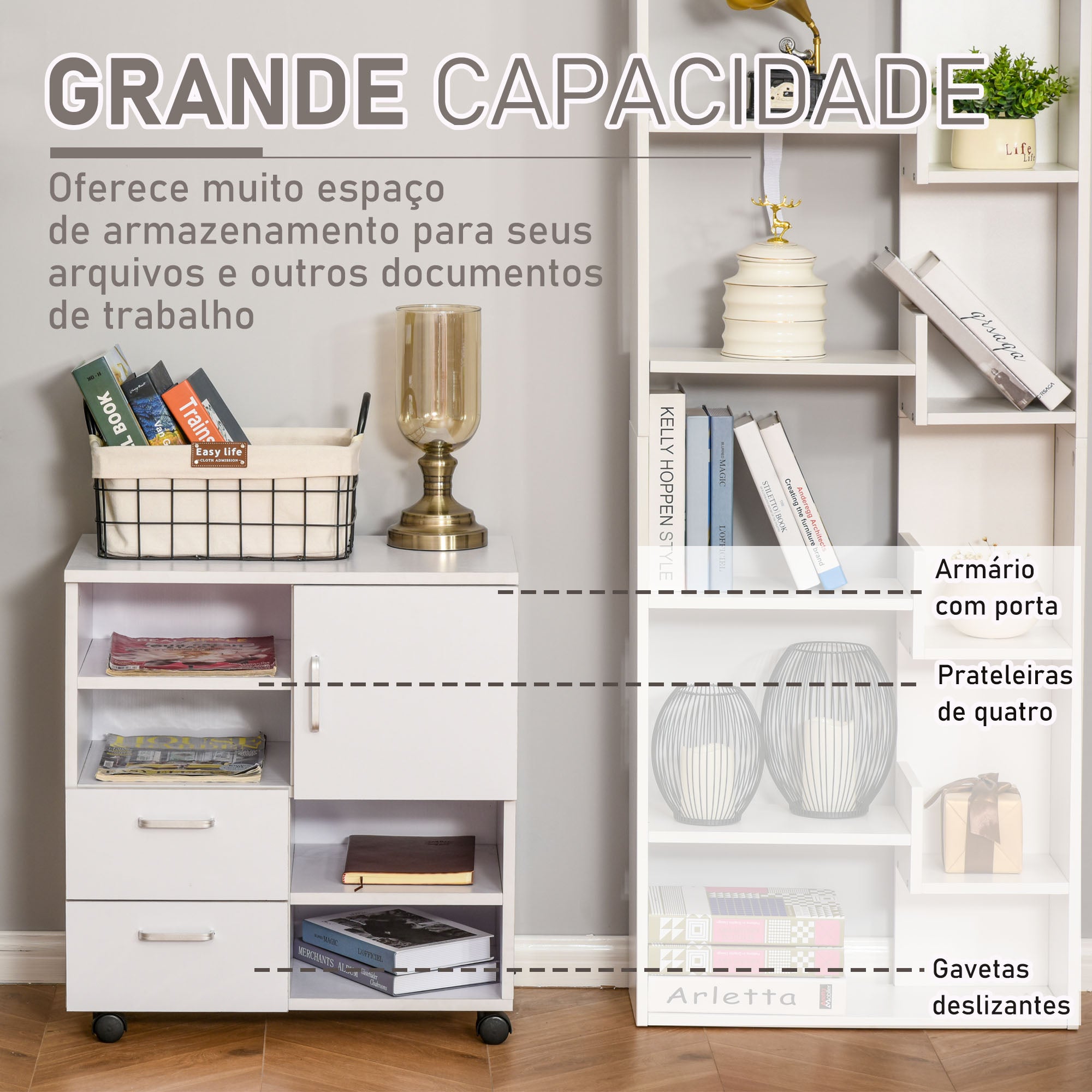 Móvel Auxiliar de Escritório com Gavetas e Rodas 60x65x35 cm - Blanco