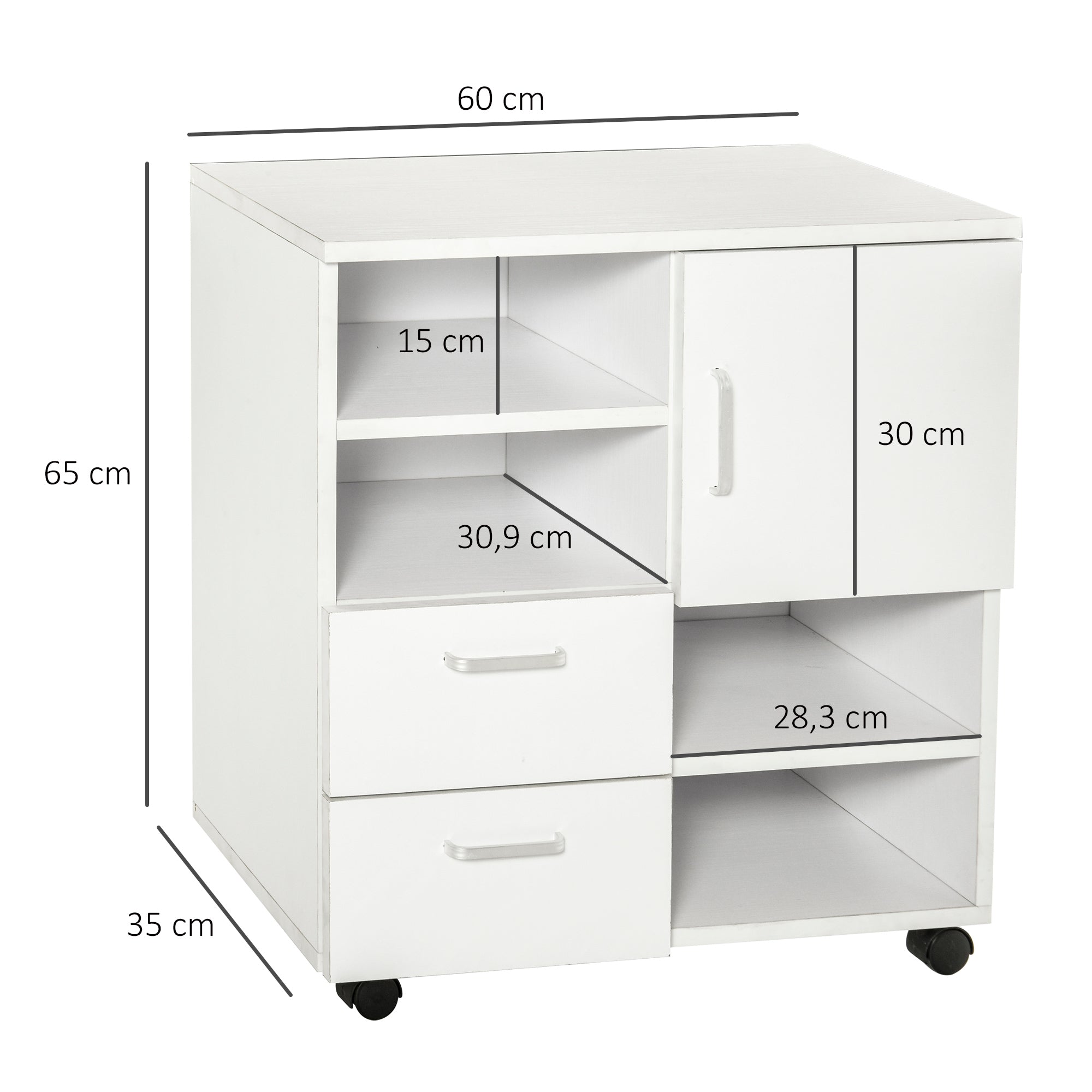 Móvel Auxiliar de Escritório com Gavetas e Rodas 60x65x35 cm - Blanco