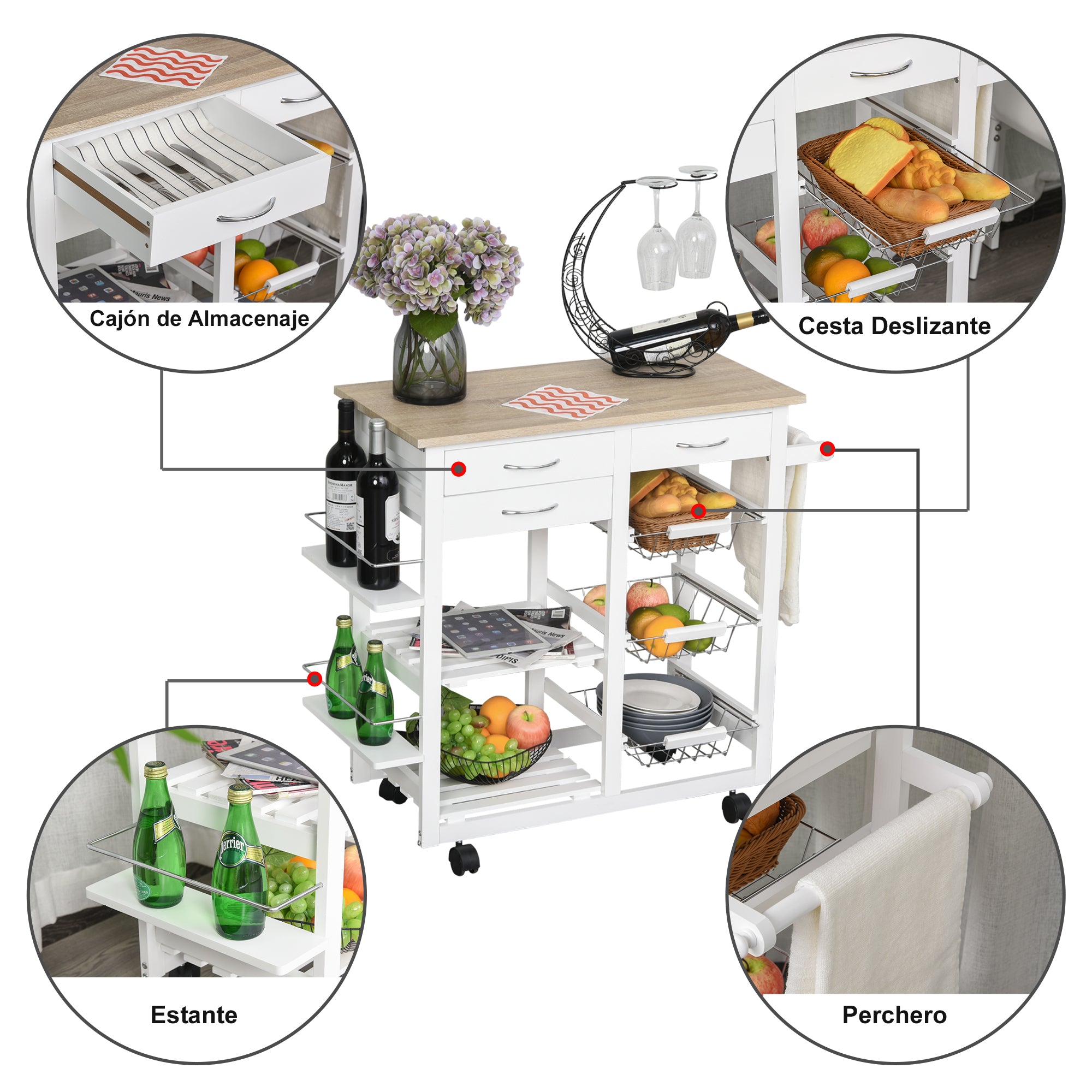 Carrinho de Cozinha Multifuncional Branco 92x37x82 cm
