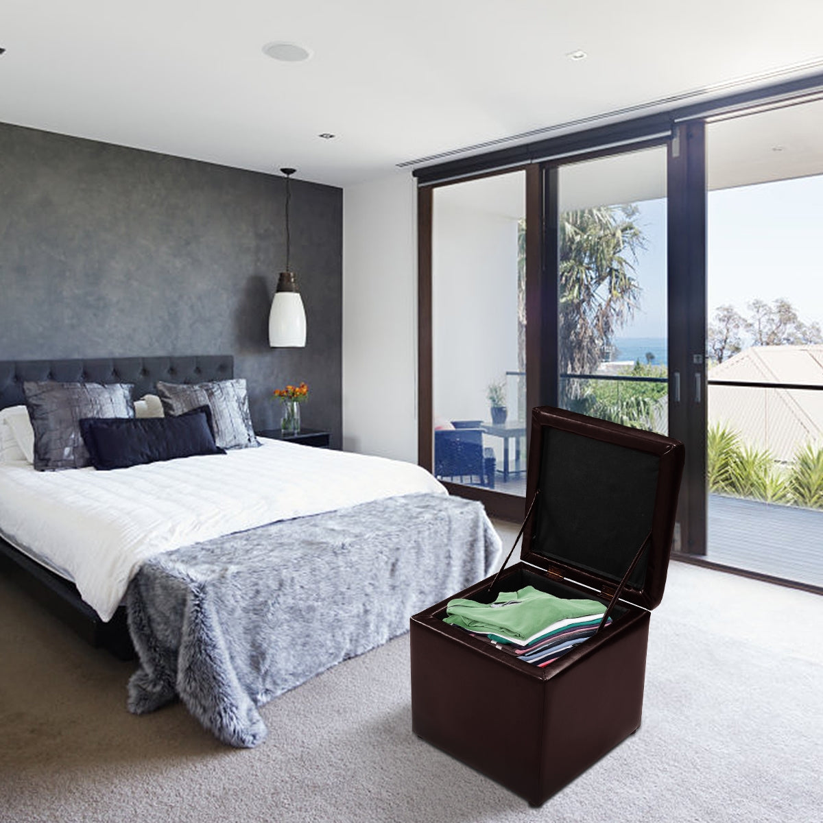 Taburete de Armazenamento Otomana com Tampa Hermética em PU para Entrada Quarto 40 x 40 x 40 cm Castanho