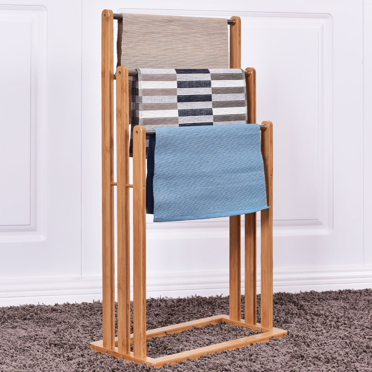 Toalheiro Suporte de Bambu e Aço Toalheiro de Pé 3 Braços para Casa de Banho