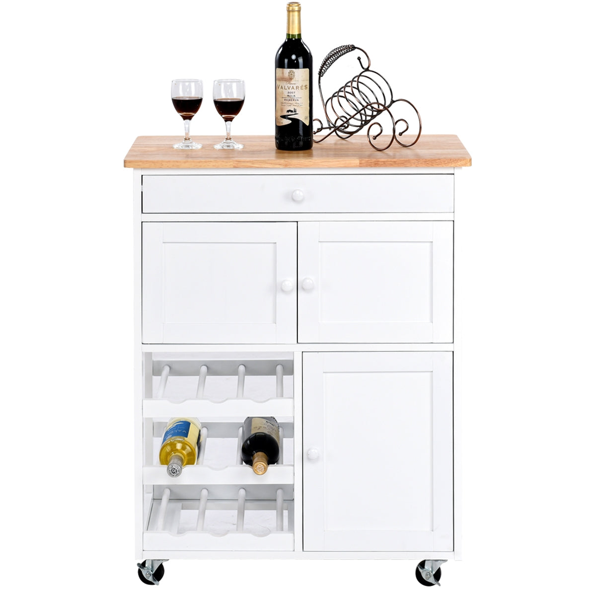 Carrinho de Cozinha em Madeira com Rodas Gaveta 67x37x87cm Estante de Cozinha Vinho Armário Branco