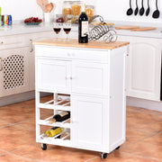 Carrinho de Cozinha em Madeira com Rodas Gaveta 67x37x87cm Estante de Cozinha Vinho Armário Branco