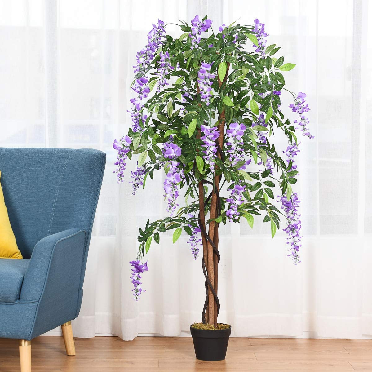 Árvore de Glicínia Artificial – 150 cm – Violeta – PoliÉster, Madeira e Plástico