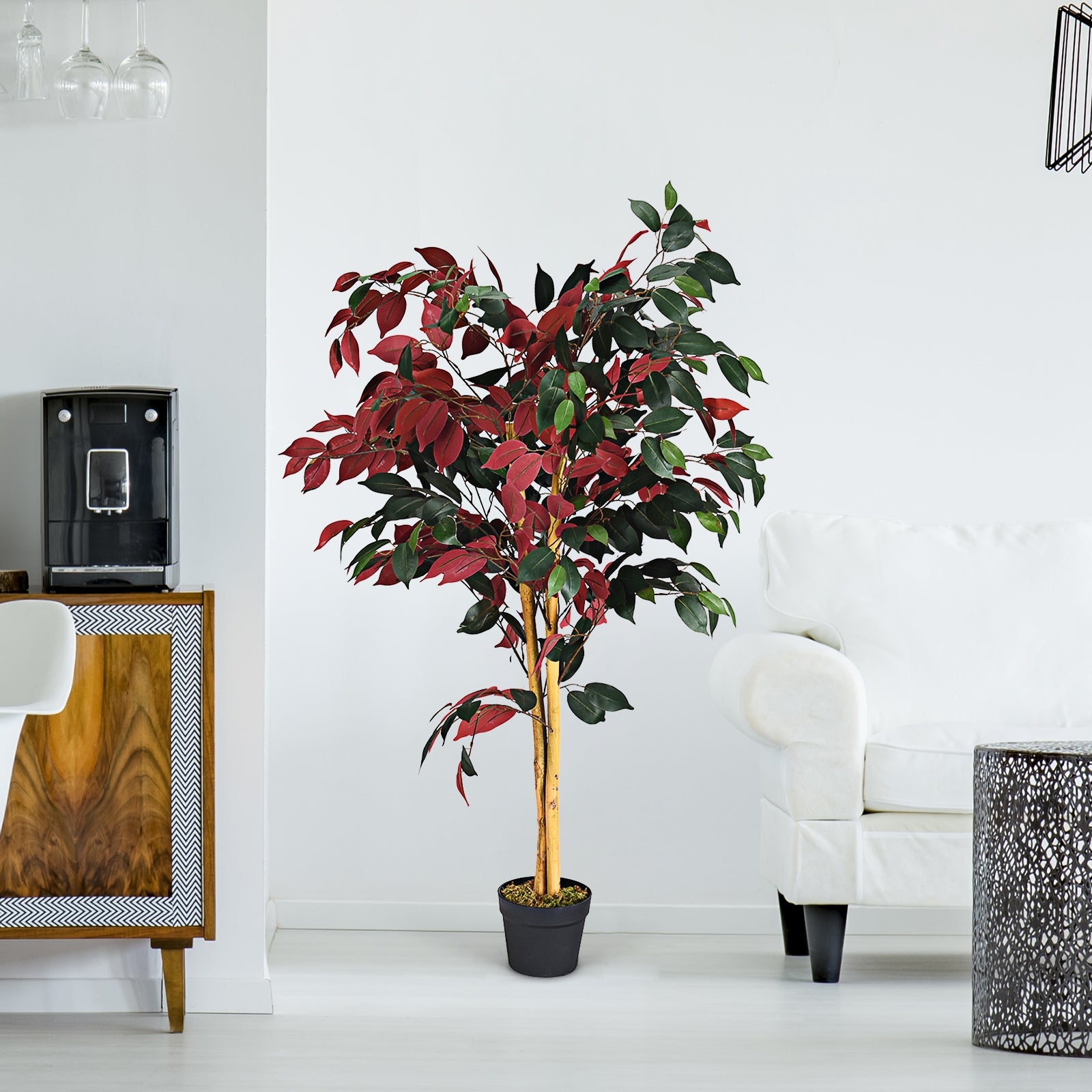 Planta Artificial Ficus Falso Realística e Decorativa com Vaso de Cimento para Casa, Escritório e Sala de Espera - 120 cm
