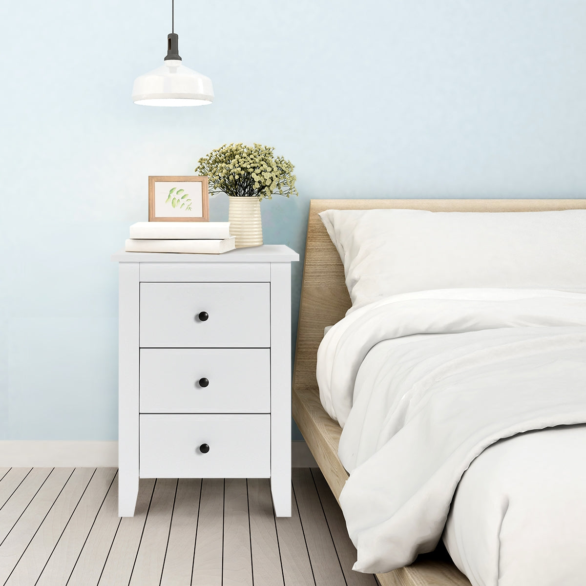 Mesinha de Cabeceira com 3 Gavetas e Estrutura Resistente para Sala e Quarto Branco 46 x 37 x 65 cm