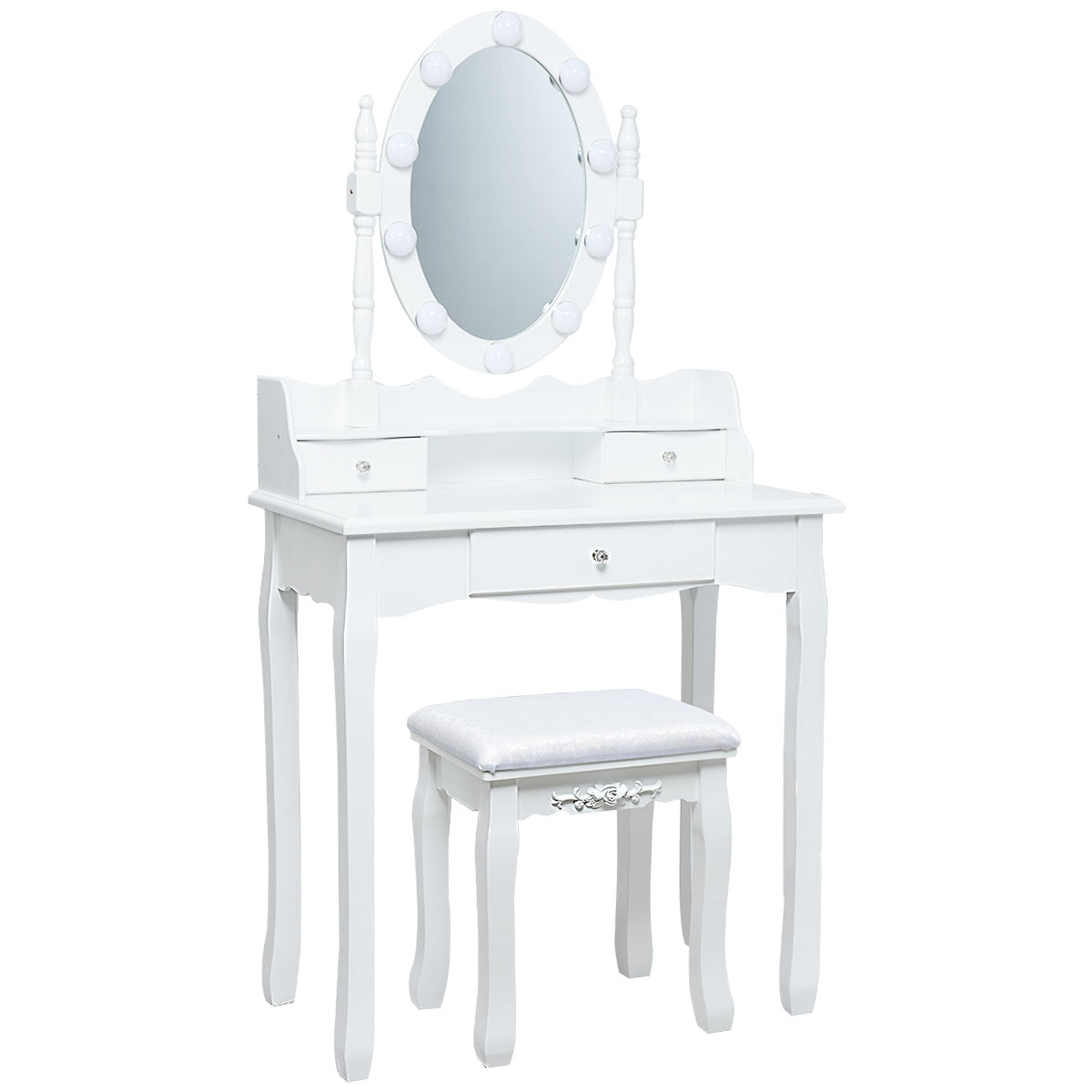 Toucador de Maquilhagem com LED Espelho Giratório 3 Gavetas e Banco para Quarto Branco 75 x 40 x 143,5 cm