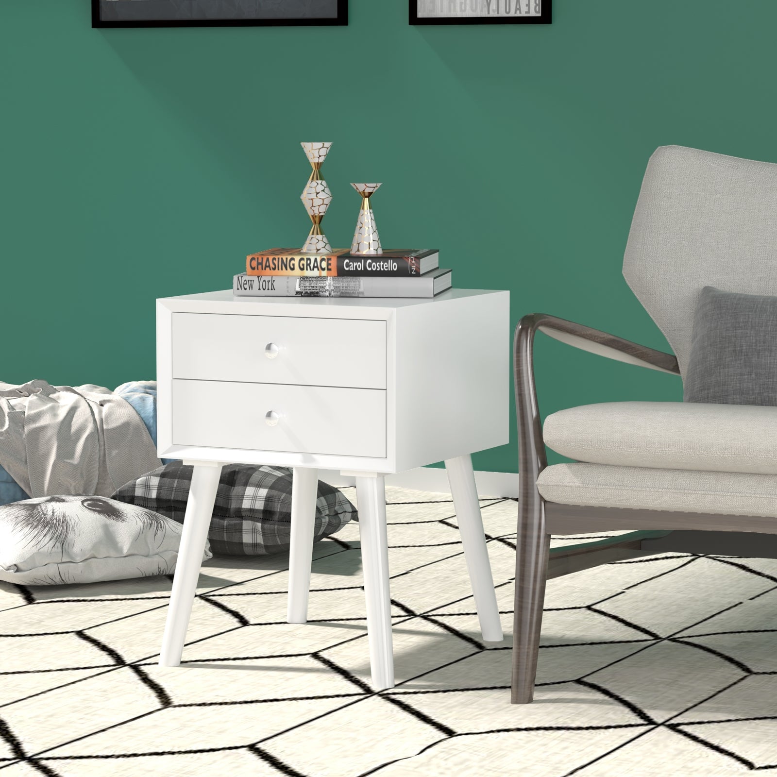 Mesinha de Cabeceira com 2 Gavetas em Madeira Multiusos para Quarto Sala Branco 40 x 40 x 59 cm