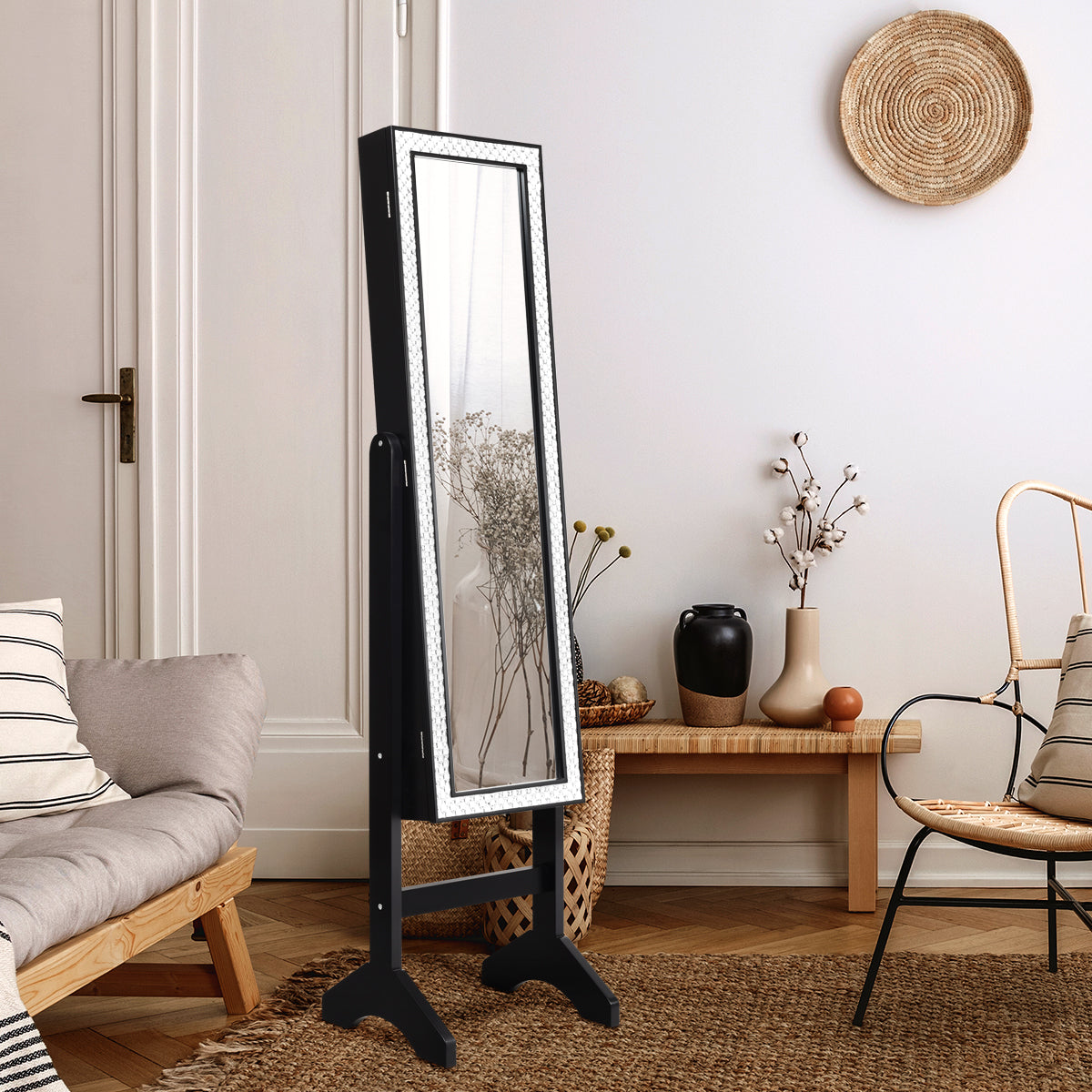 Armário para Joias com Espelho de Corpo Inteiro e Ângulo Ajustável Diamantes de Resina Organizador para Joias 153 x 35,5 x 31,5 cm Preto