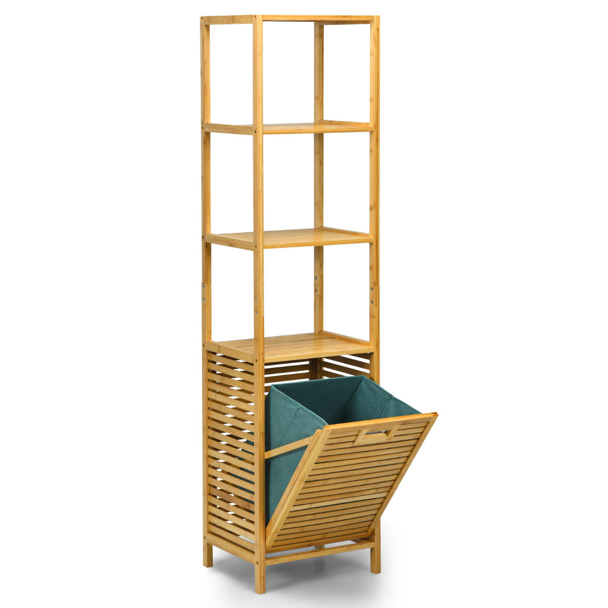 Estante com Cesto de Roupa Suja Retrátil – 40 x 33 x 160 cm – Natural – Bambu