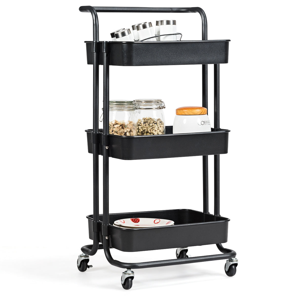 Carrinho de Cozinha Auxiliar com 4 Rodas Universais - Capacidade de 60kg - 3 Cestos de ABS - 42 x 35 x 87 cm - Preto