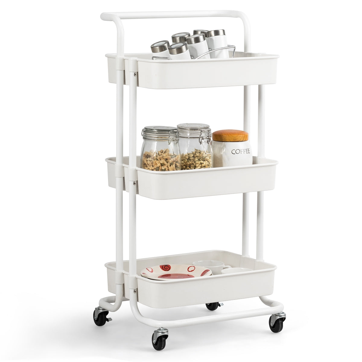 Carrinho de Cozinha com 4 Rodas Universais - Capacidade de Carga 60kg - Carrinho de Cozinha com 3 Cestos de ABS Antioxidante 42 x 35 x 87 cm Branco