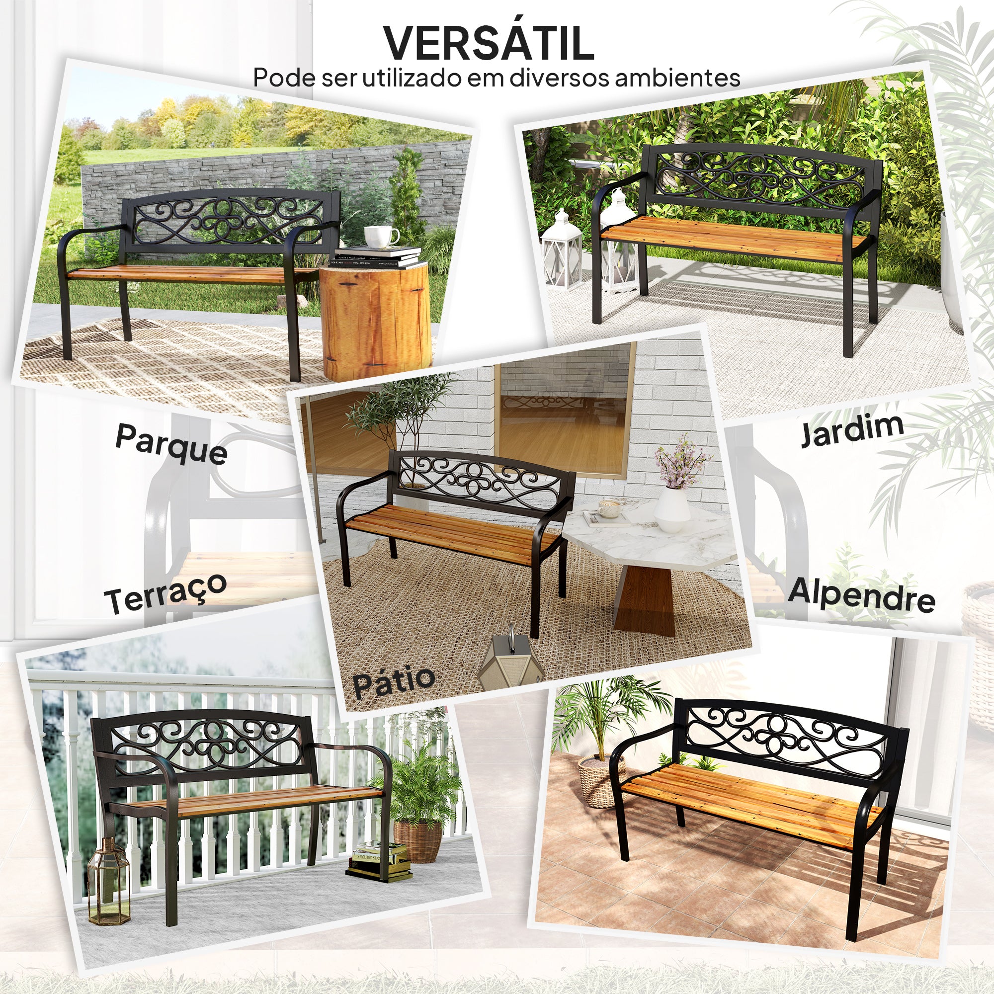 Banco de Jardim – 127x56x80 cm – Preto – Aço e Madeira de Pinho