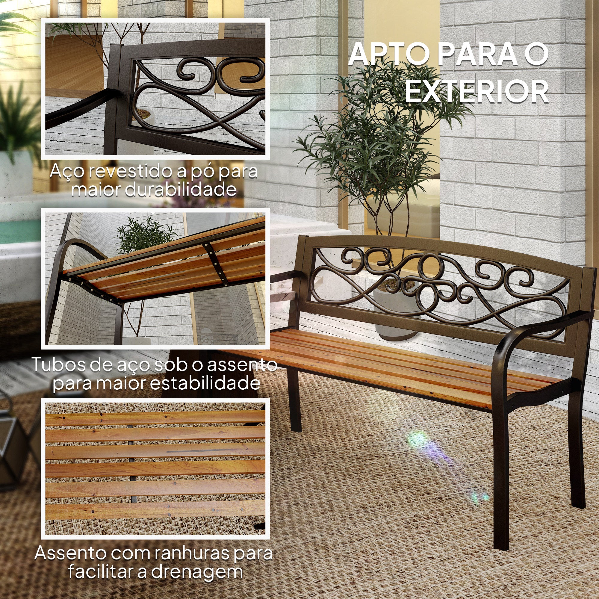 Banco de Jardim – 127x56x80 cm – Preto – Aço e Madeira de Pinho