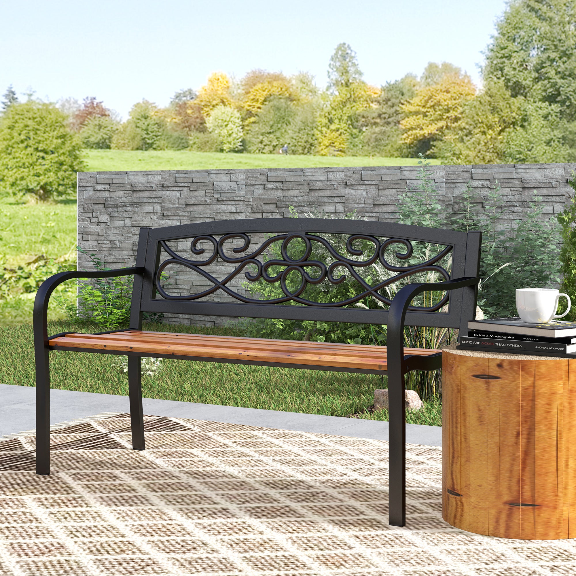 Banco de Jardim – 127x56x80 cm – Preto – Aço e Madeira de Pinho