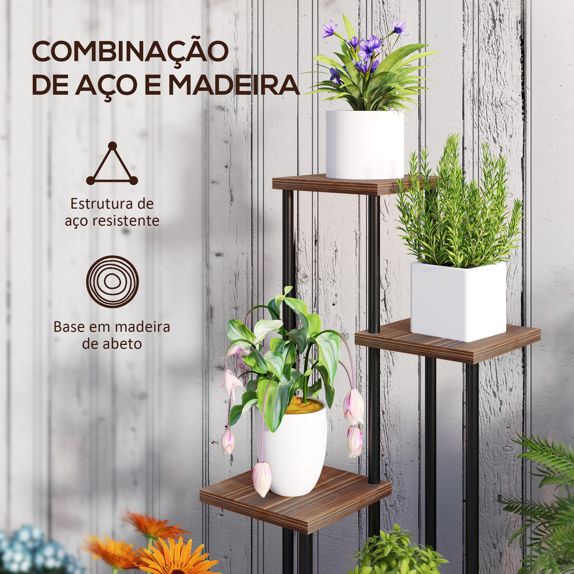 Suporte para Plantas – 59x59x110 cm – Cor Madeira – Madeira e Aço
