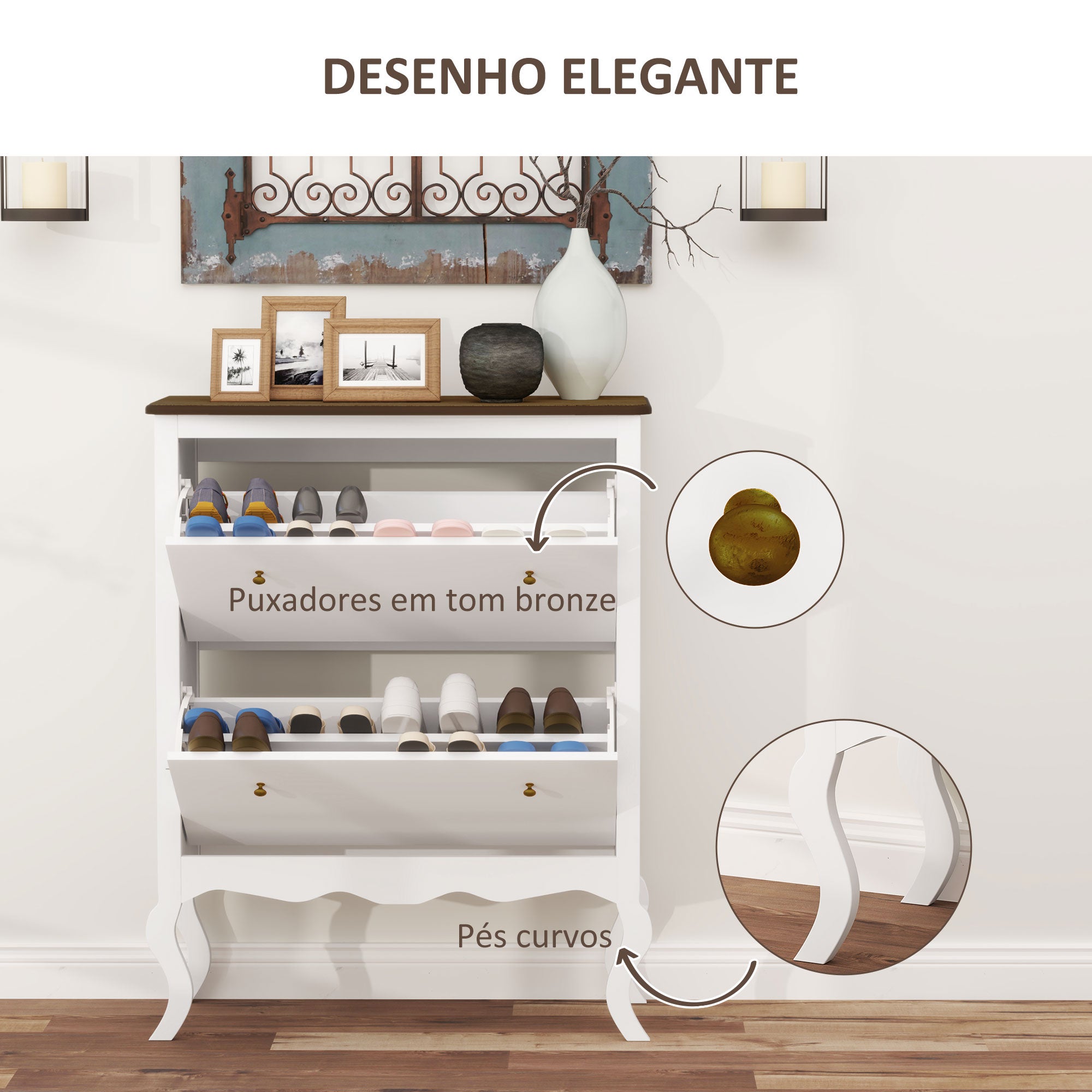 Sapateira Estilo Francês Branco 84x29x109 cm - Armazena até 16 Pares de Sapato