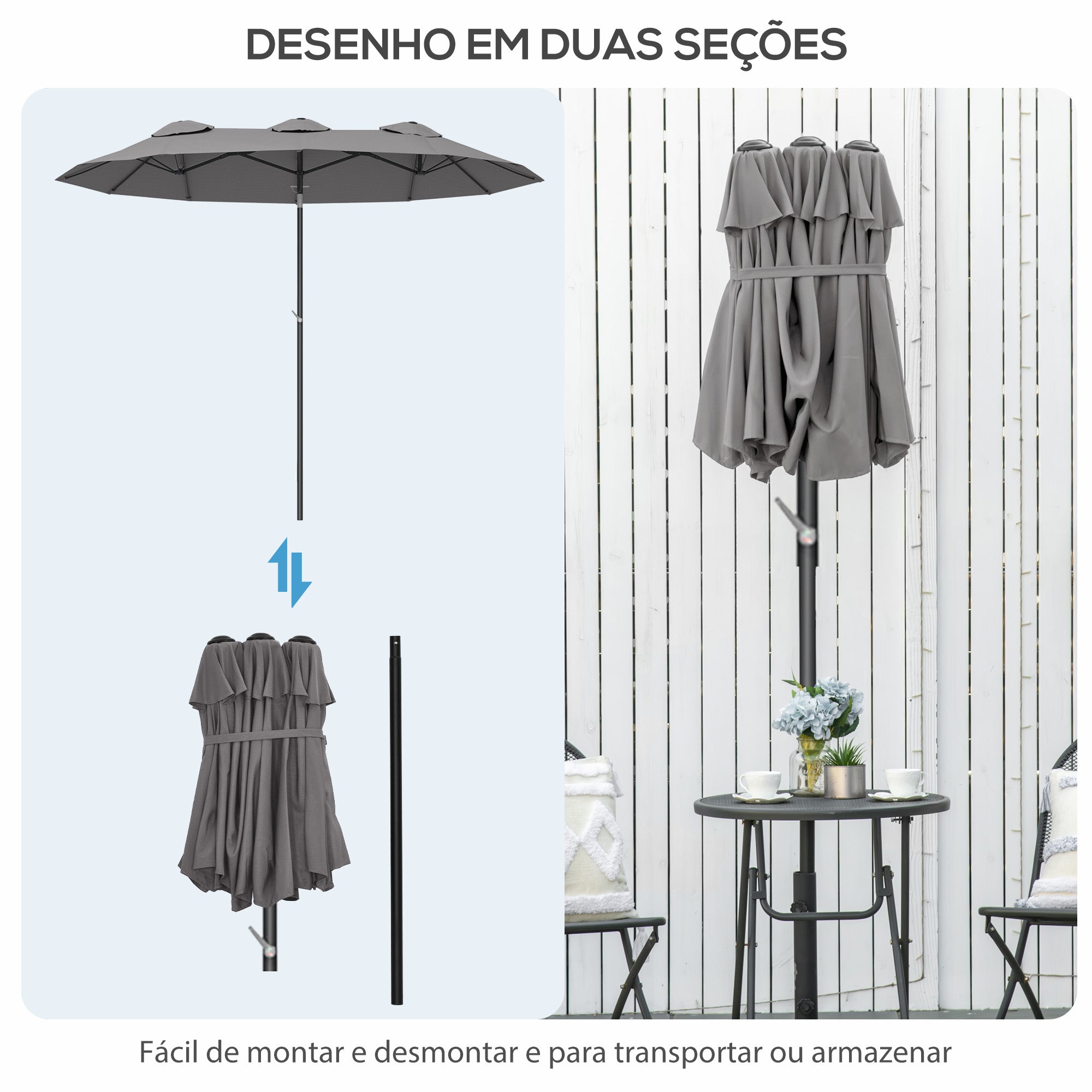 Chapéu de Sol Duplo - 285x147x227cm - Cinzento - Poliéster