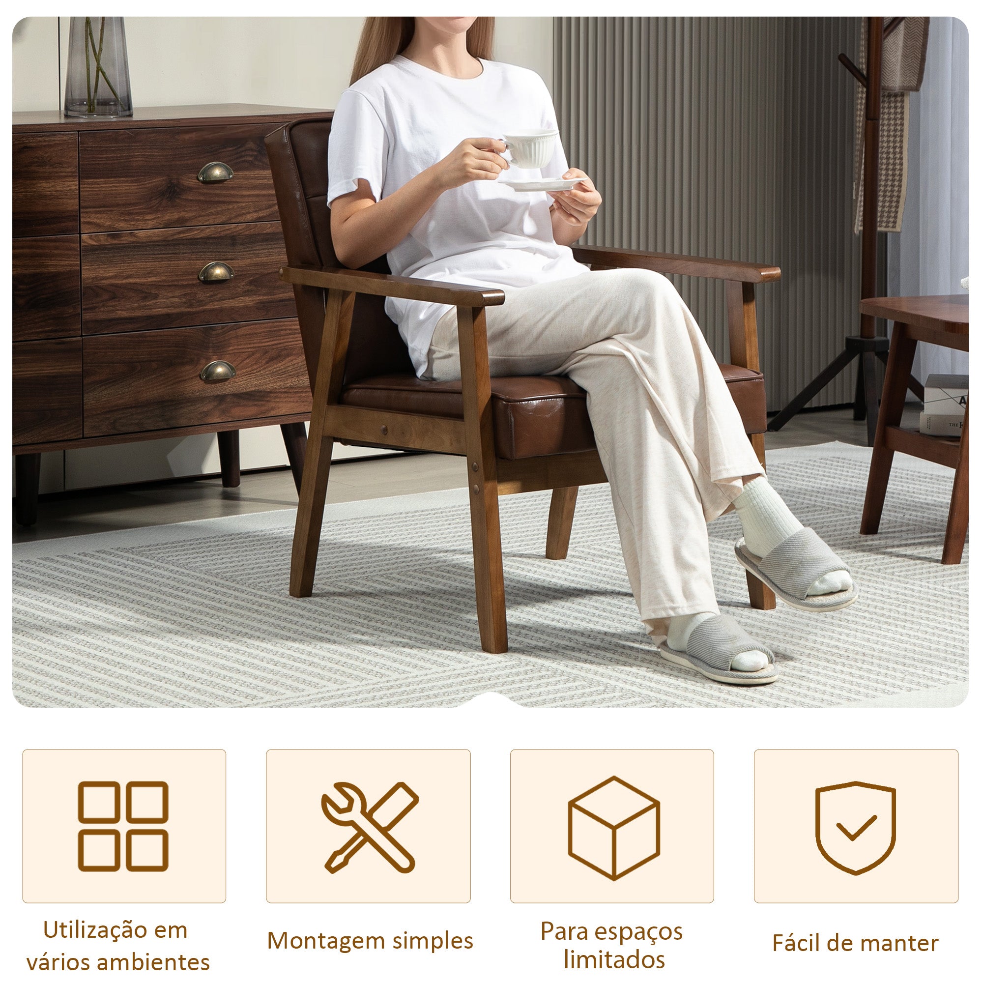 Poltrona Estofada em PU – 64x66x80 cm – Marrom – Couro Sintético