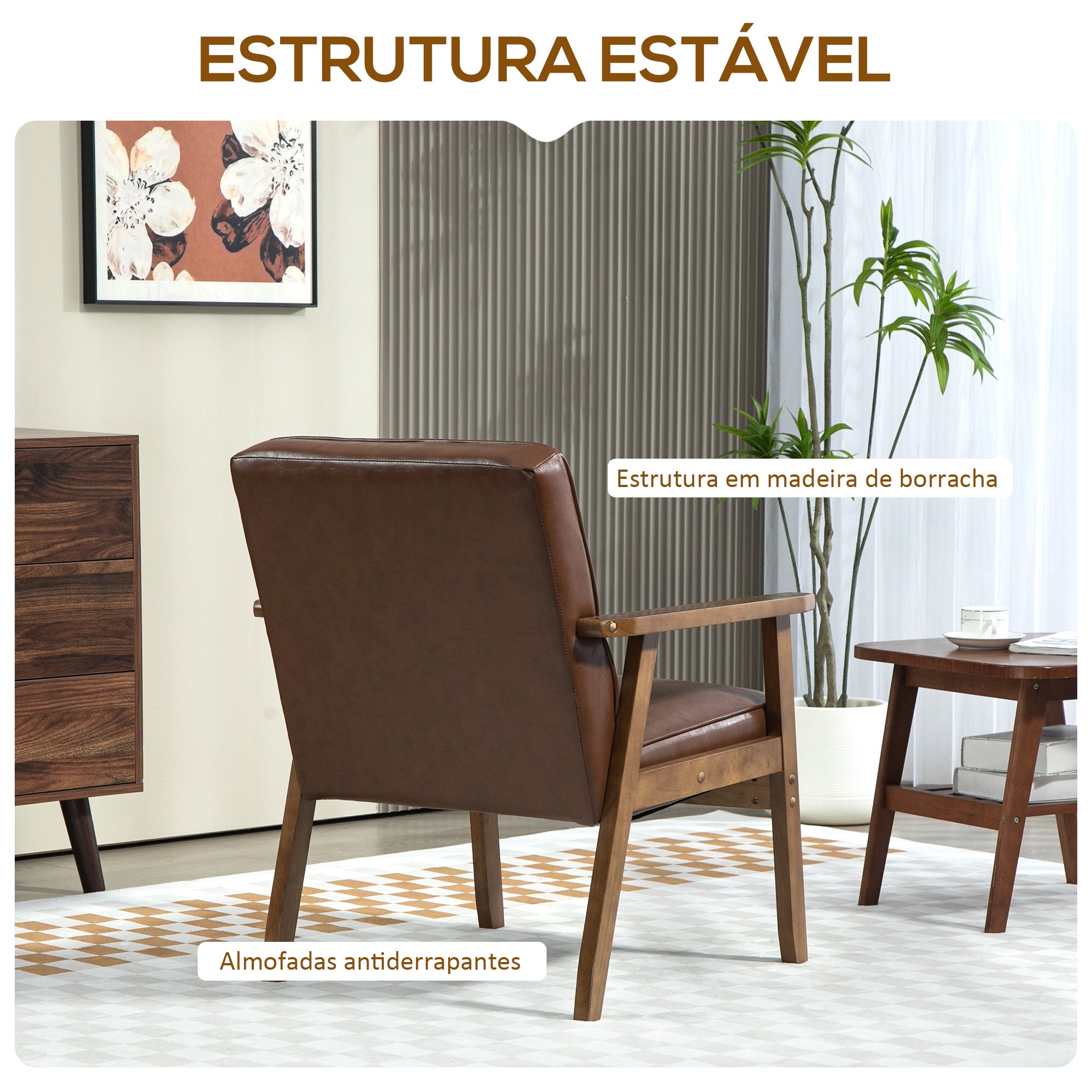 Poltrona Estofada em PU – 64x66x80 cm – Marrom – Couro Sintético