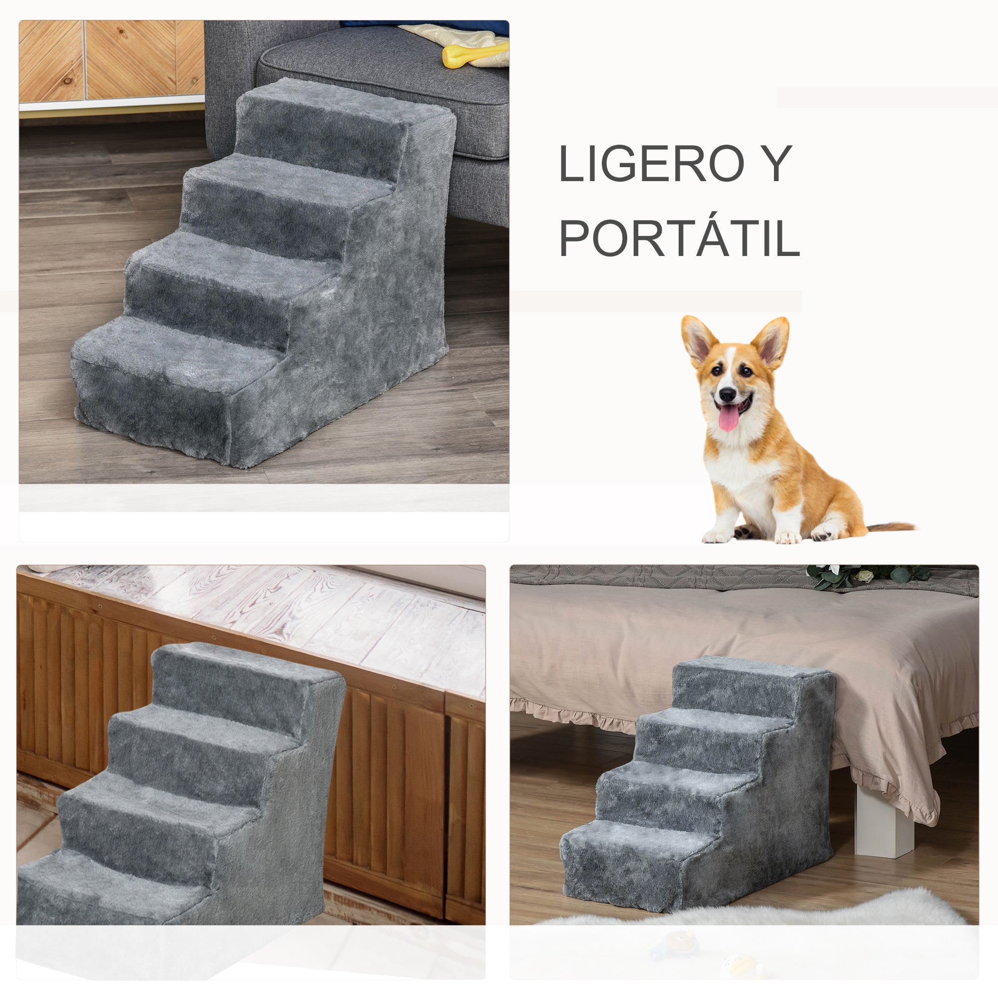 Escada para Animais de Estimação – 60x35x44 cm – Cinza – Aglomerado de madeira e pelúcia