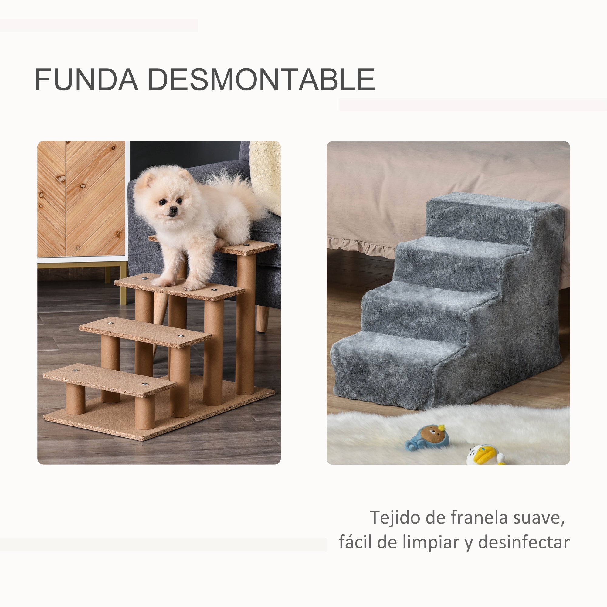 Escada para Animais de Estimação – 60x35x44 cm – Cinza – Aglomerado de madeira e pelúcia