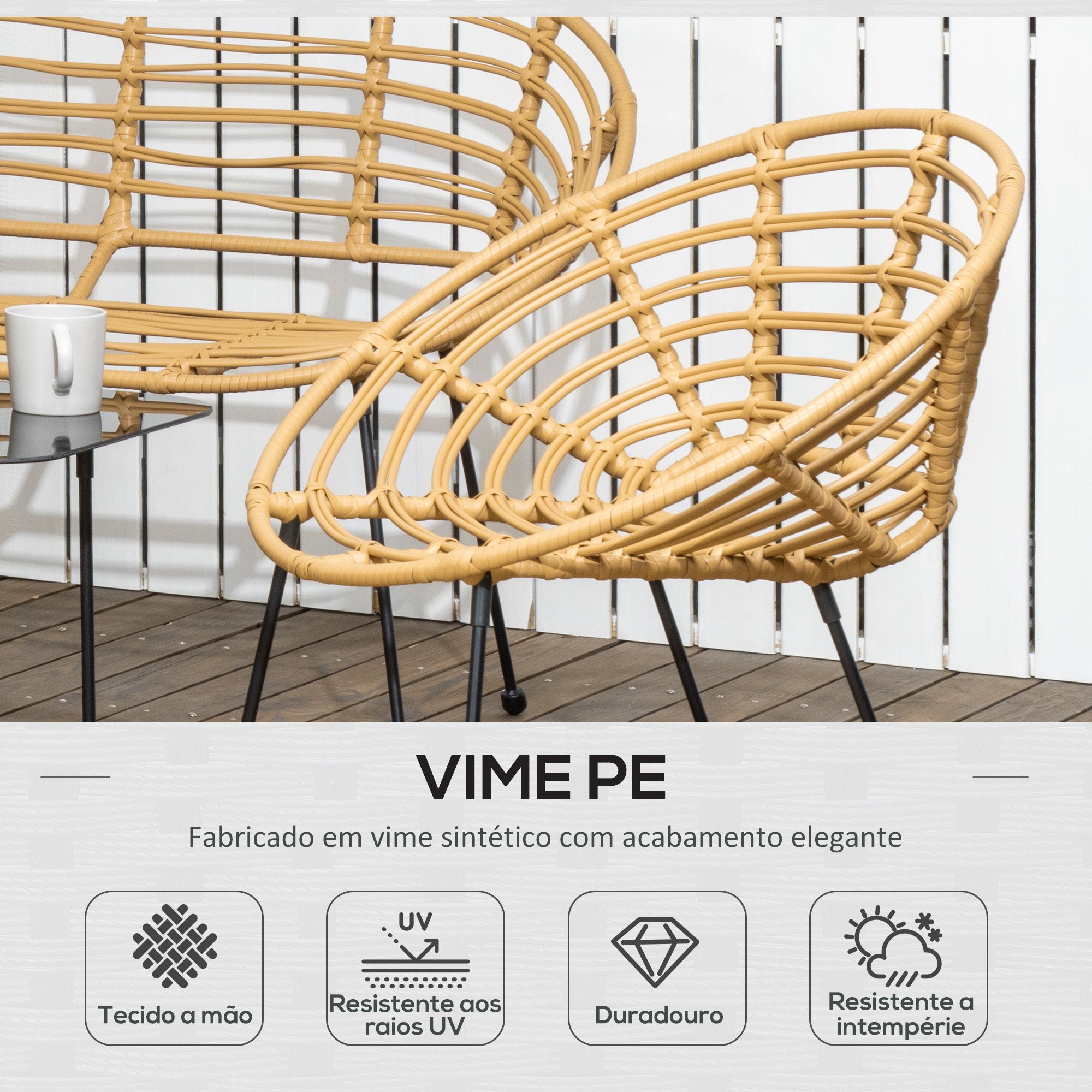 Conjunto de Móveis de Jardim em Vime Sintético – 125x64x75 cm – Preto