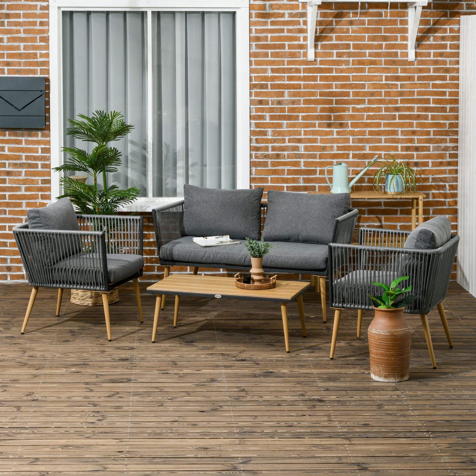 Conjunto de Móveis de Jardim – 90x50x35 cm, 130x65x68 cm, 73x65x68 cm – Cinza – Aço, vime PE, poliéster, espuma, madeira, plástico