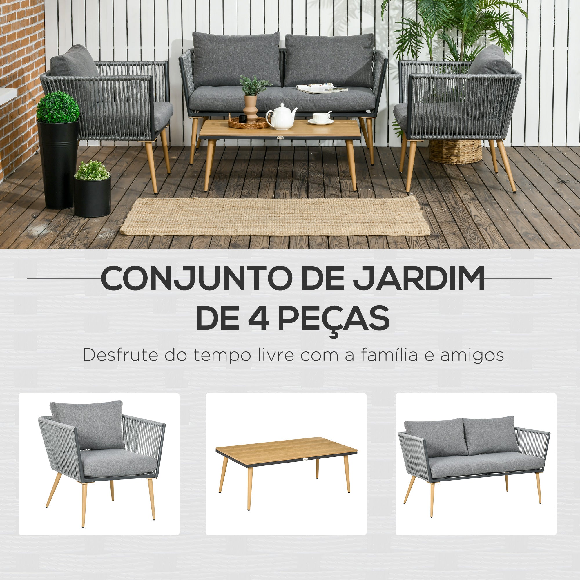 Conjunto de Móveis de Jardim – 90x50x35 cm, 130x65x68 cm, 73x65x68 cm – Cinza – Aço, vime PE, poliéster, espuma, madeira, plástico