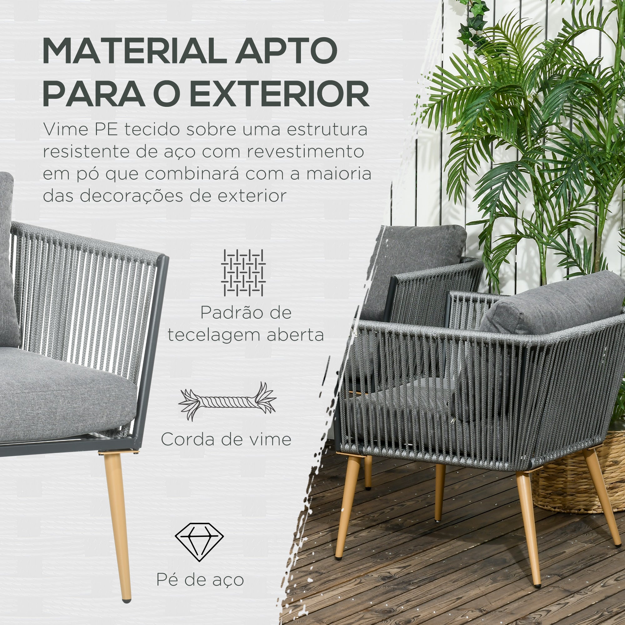 Conjunto de Móveis de Jardim – 90x50x35 cm, 130x65x68 cm, 73x65x68 cm – Cinza – Aço, vime PE, poliéster, espuma, madeira, plástico