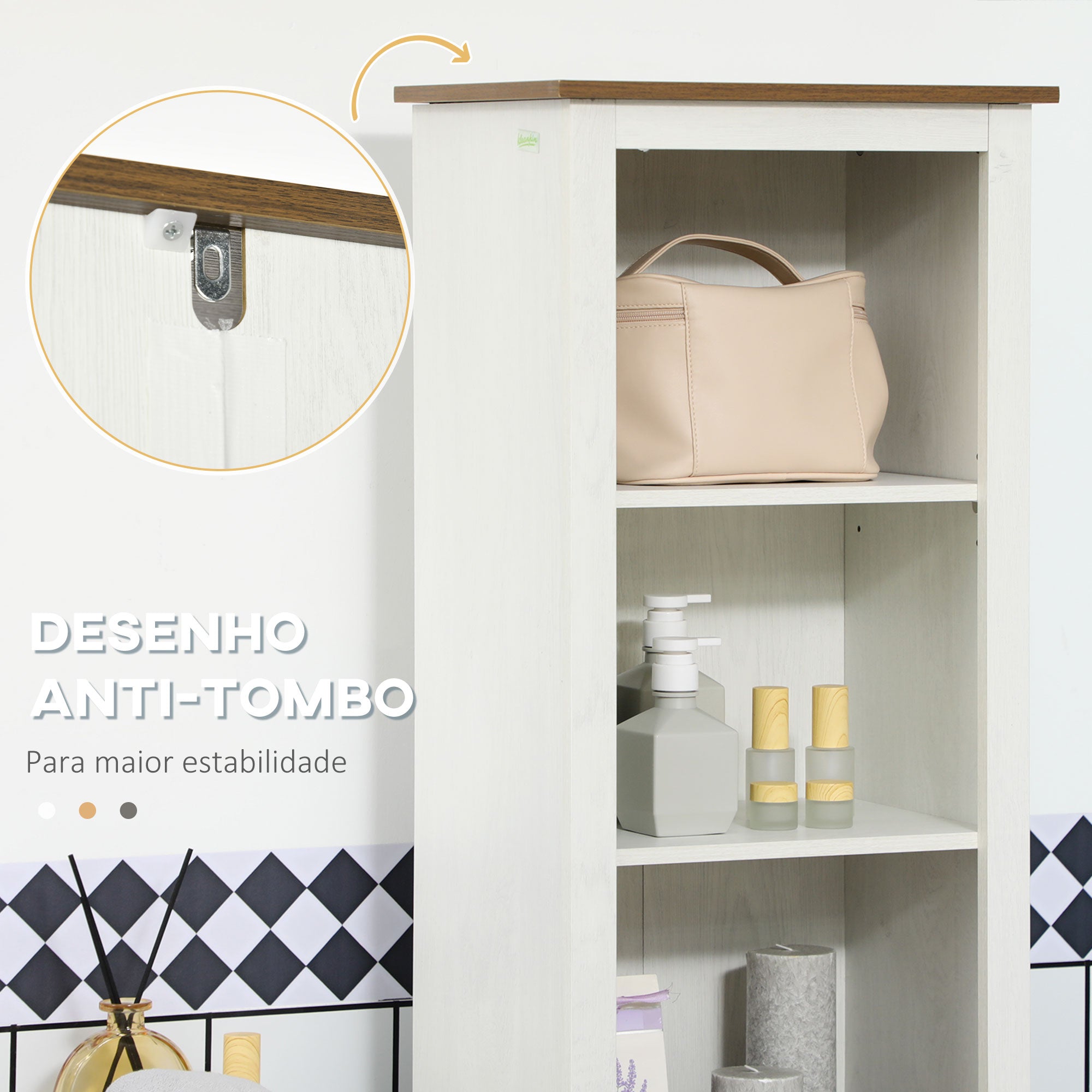 Coluna de Armazenamento para Casa de Banho – 39,5x30x160 cm – Branco e Madeira