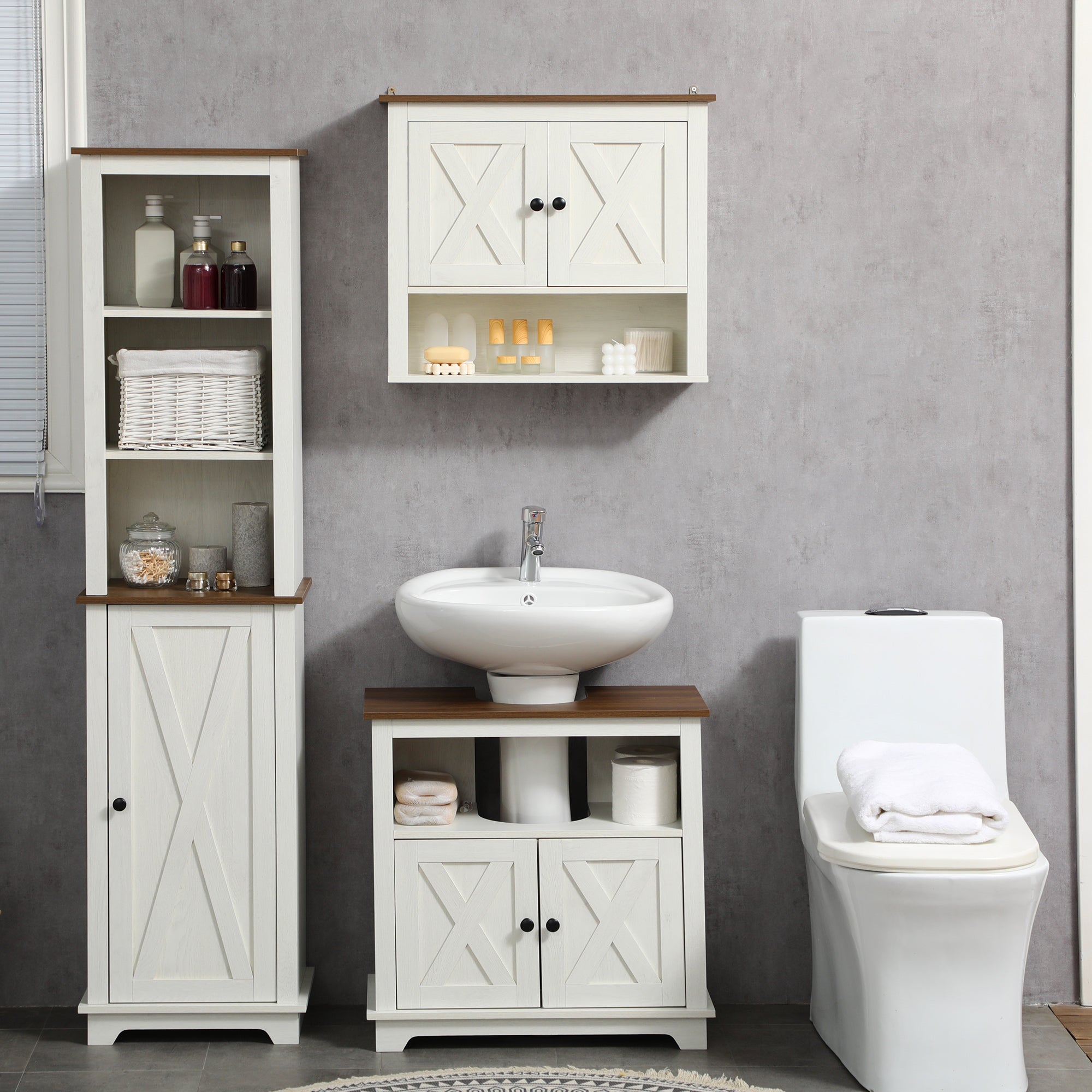Coluna de Armazenamento para Casa de Banho – 39,5x30x160 cm – Branco e Madeira