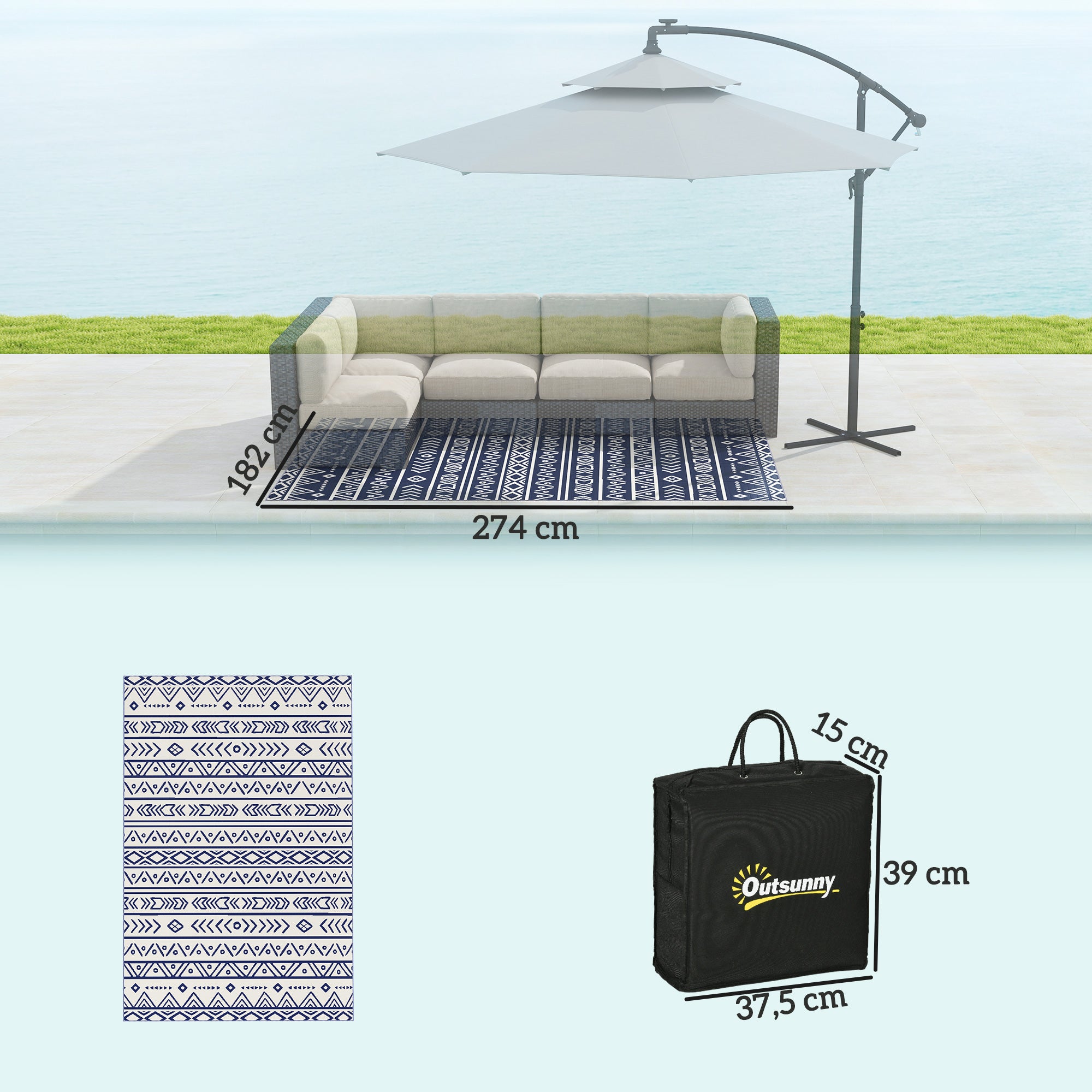 Tapete de Exterior 182x274 cm Azul e Branco - Design Reversível e Bolsa de Transporte