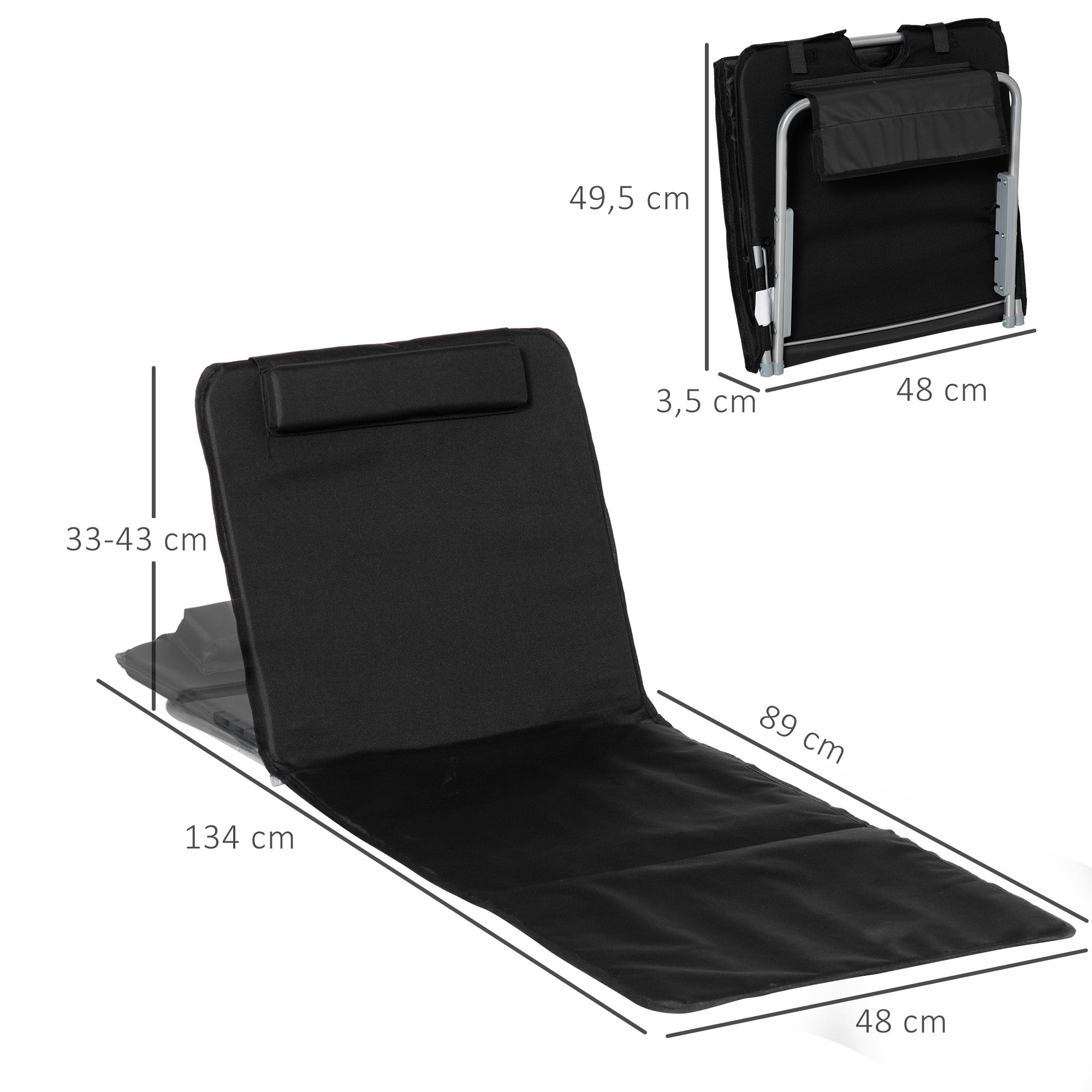 Conjunto de 2 Esteiras de Praia Reclináveis em Preto 48x134x33-43 cm