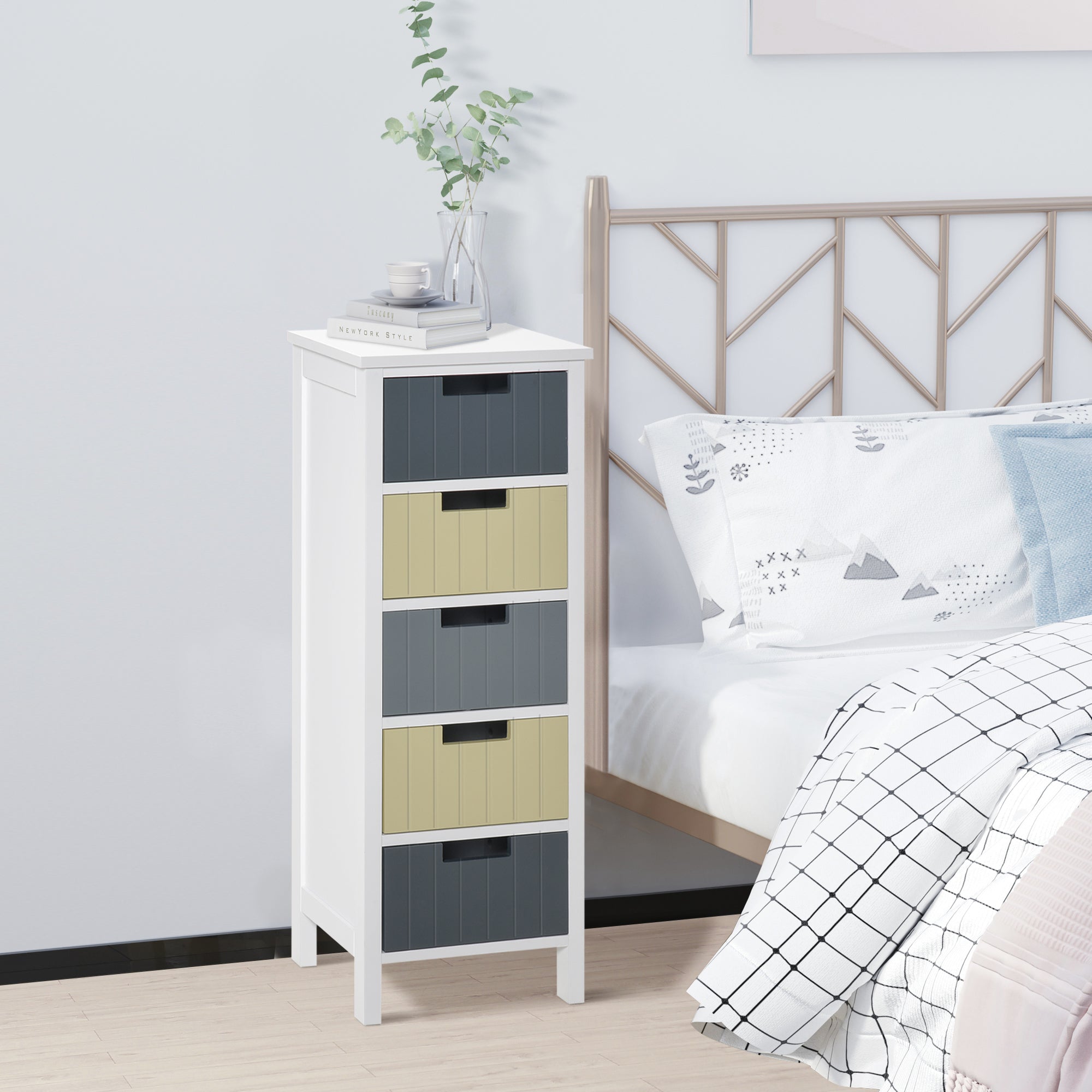 Cómoda de Madeira com 5 Gavetas – 35x28x90,5cm – Branco, Cinza Escuro, Cinza Claro, Bege – MDF