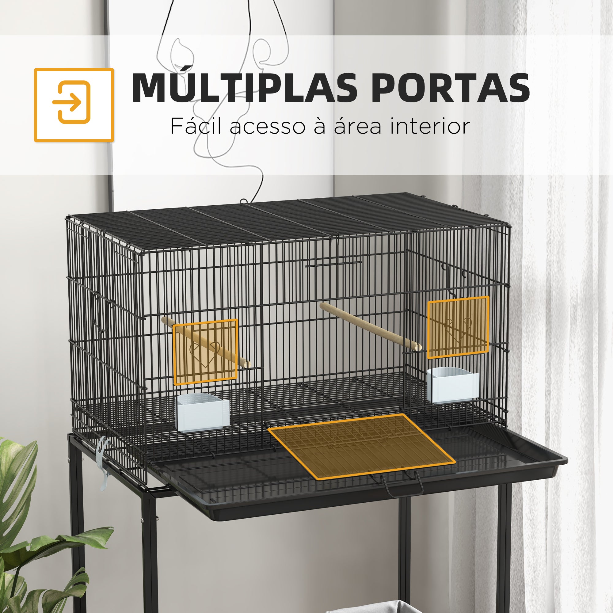 Gaiola para Pássaros Grande – 77x46x119 cm – Cor Preto – Aço e PP