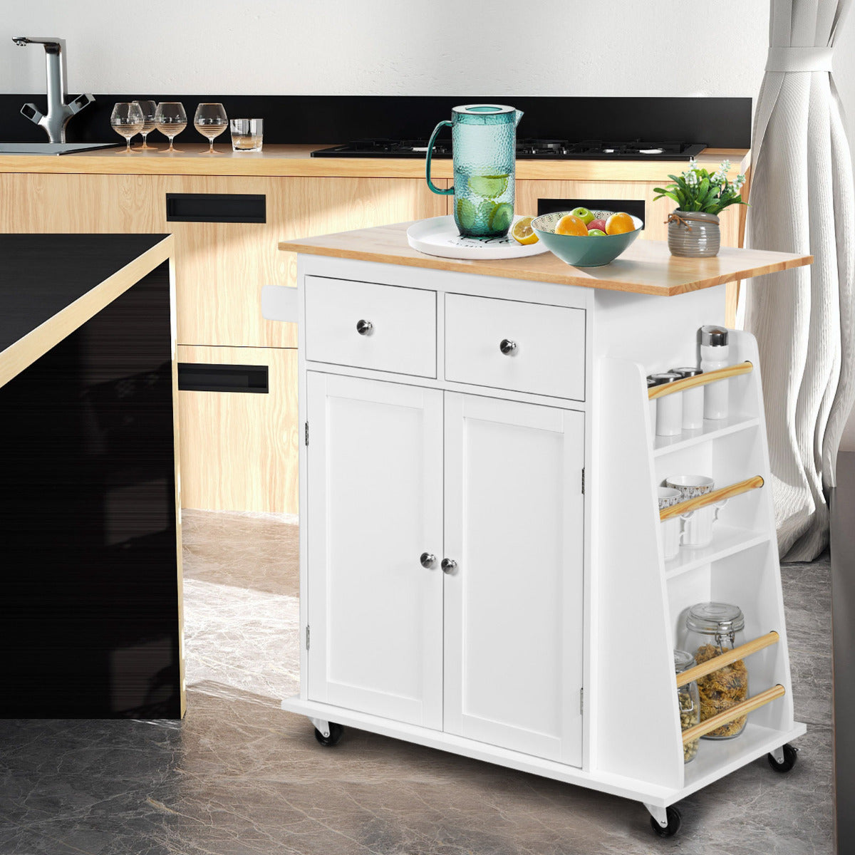 Carrinho de Cozinha com Rodas de Armazenamento Carro para Cozinha Tampo de Madeira Borracha 2 Gavetas Especiaria 88 cm x 45 cm x 89,5 cm Branco