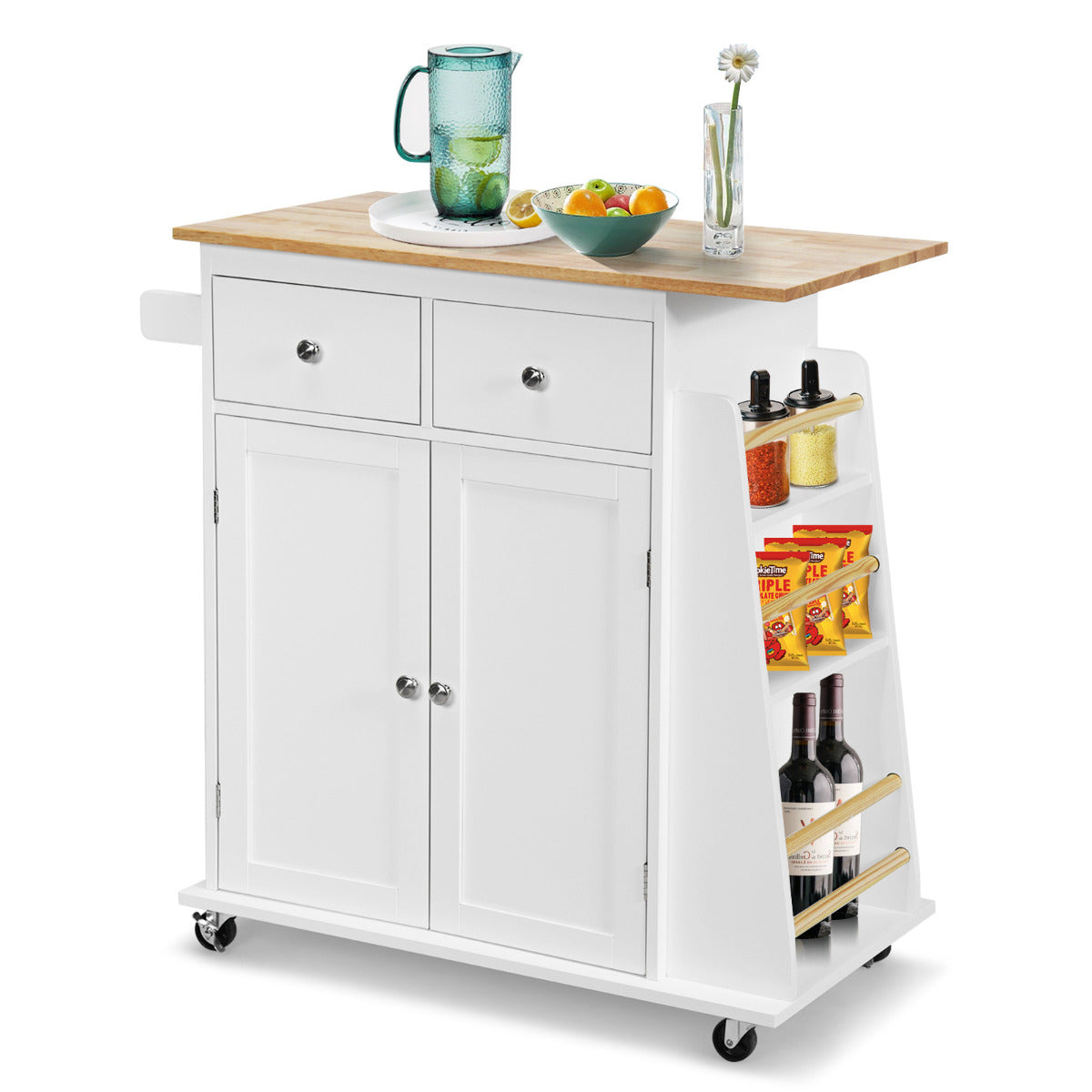 Carrinho de Cozinha com Rodas de Armazenamento Carro para Cozinha Tampo de Madeira Borracha 2 Gavetas Especiaria 88 cm x 45 cm x 89,5 cm Branco