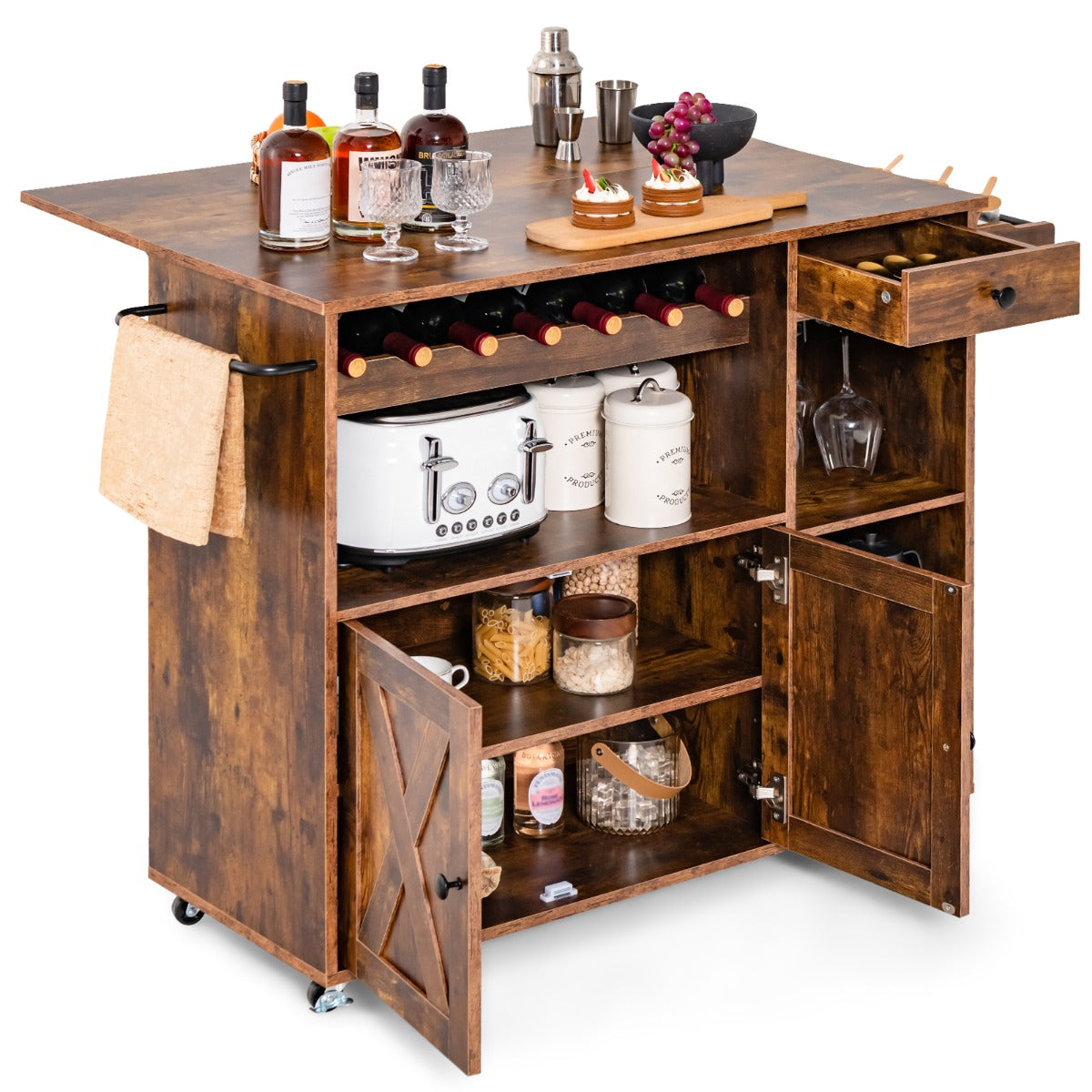 Carrinho de Cozinha Buffet com Rodas – 121 x 68 x 88 cm – Castanho – Madeira