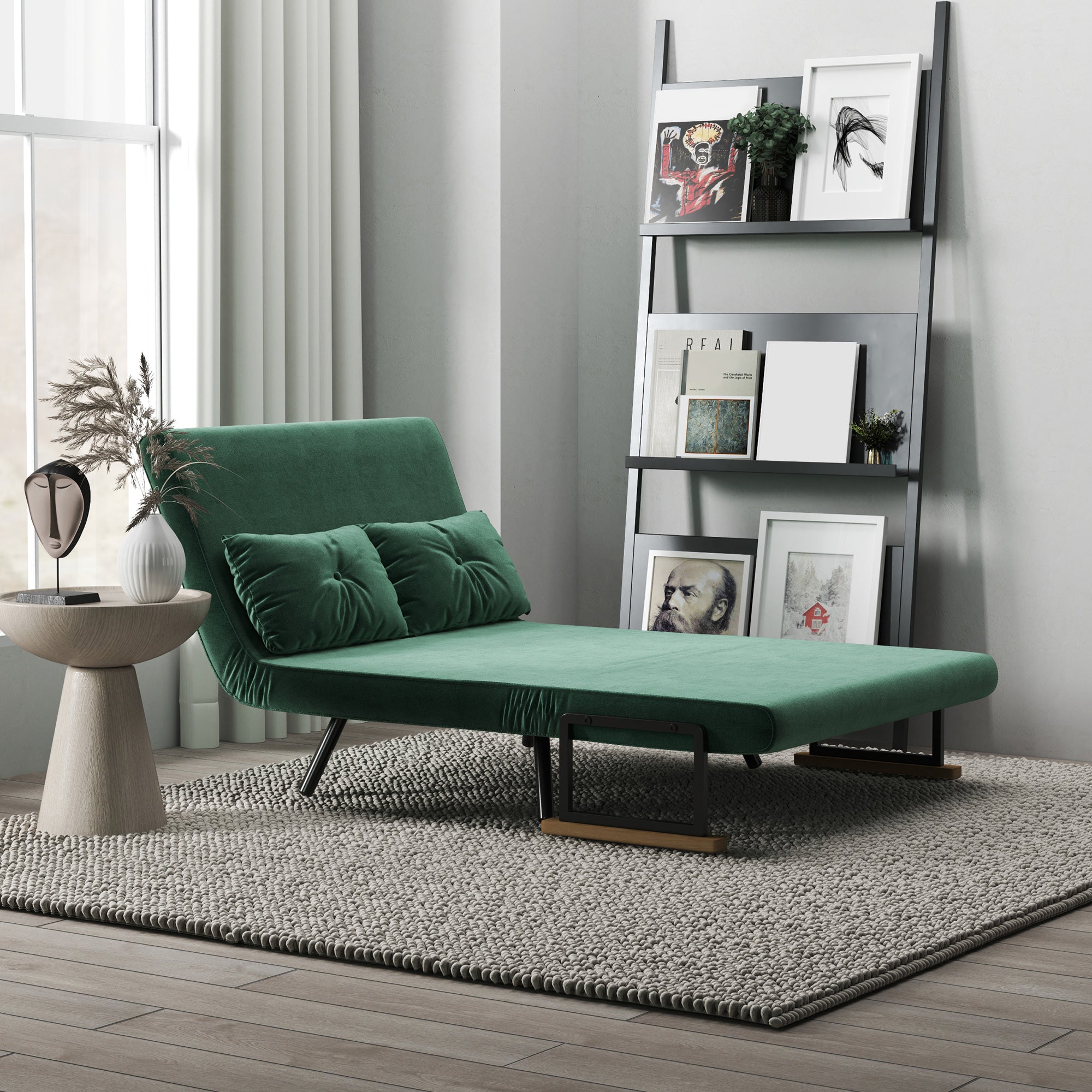 Sofá Cama Convertível Verde – 102x73x81 cm – Aço, veludo, espuma