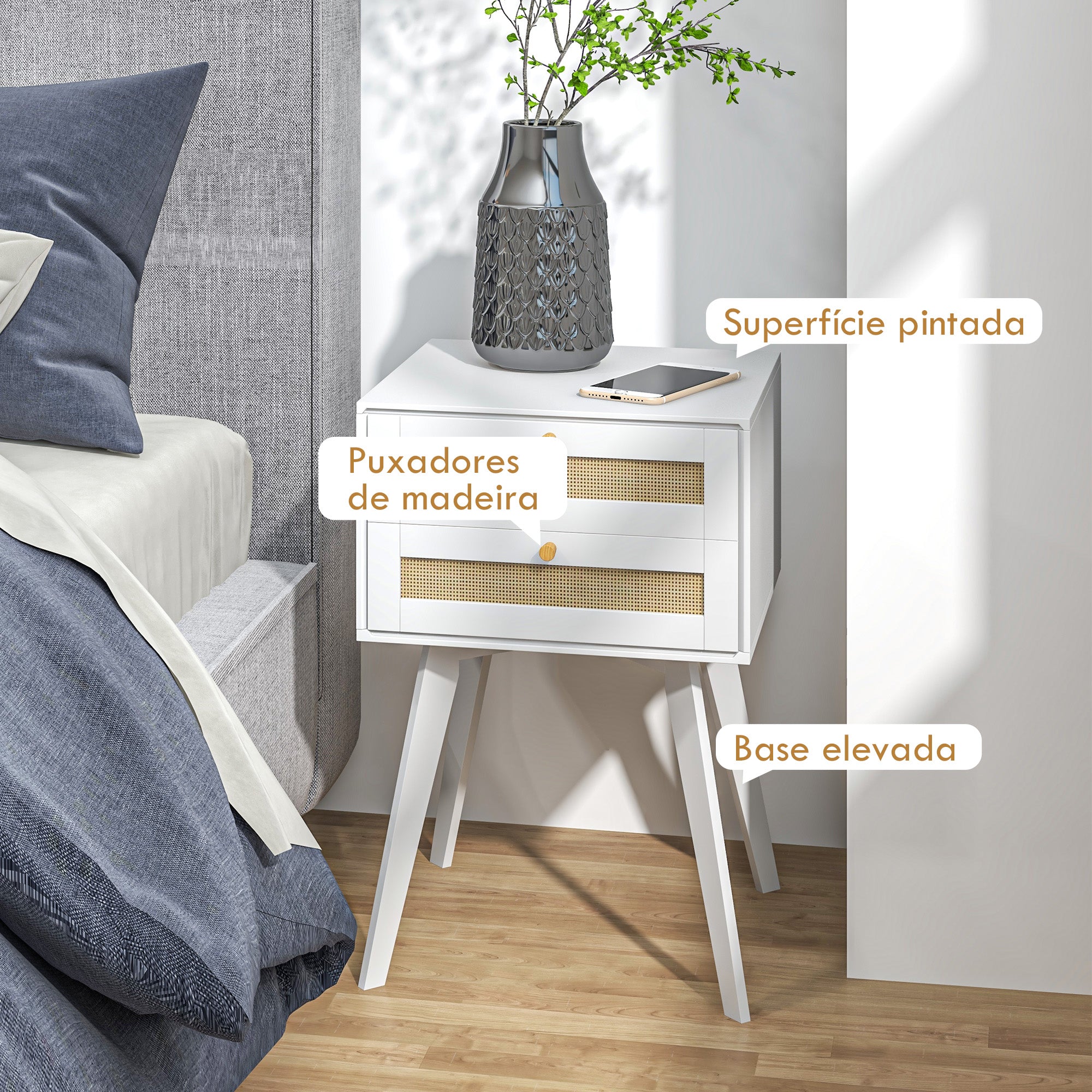 Mesa de Cabeceira – 40x40x60 cm – Branca – Vime e MDF