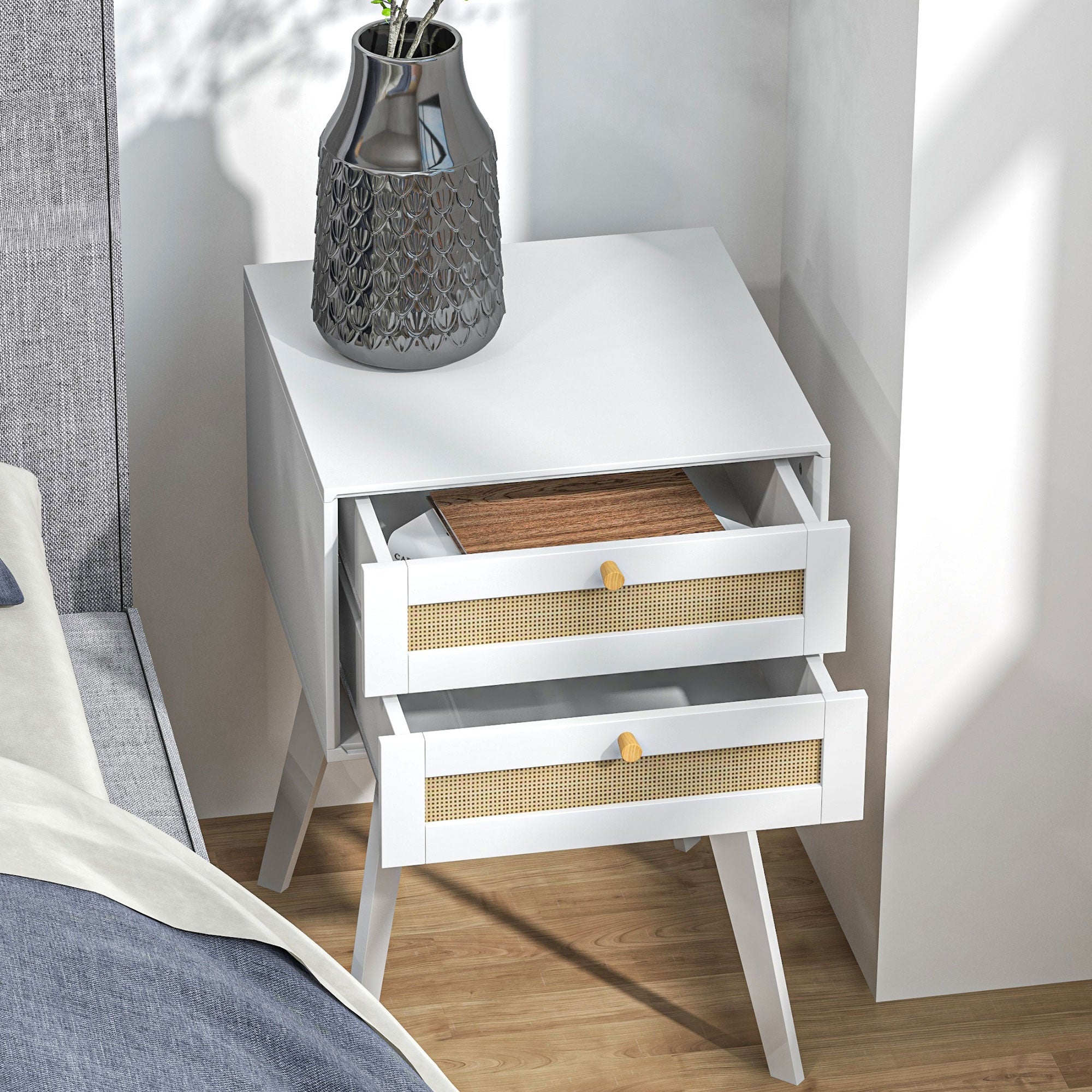 Mesa de Cabeceira – 40x40x60 cm – Branca – Vime e MDF