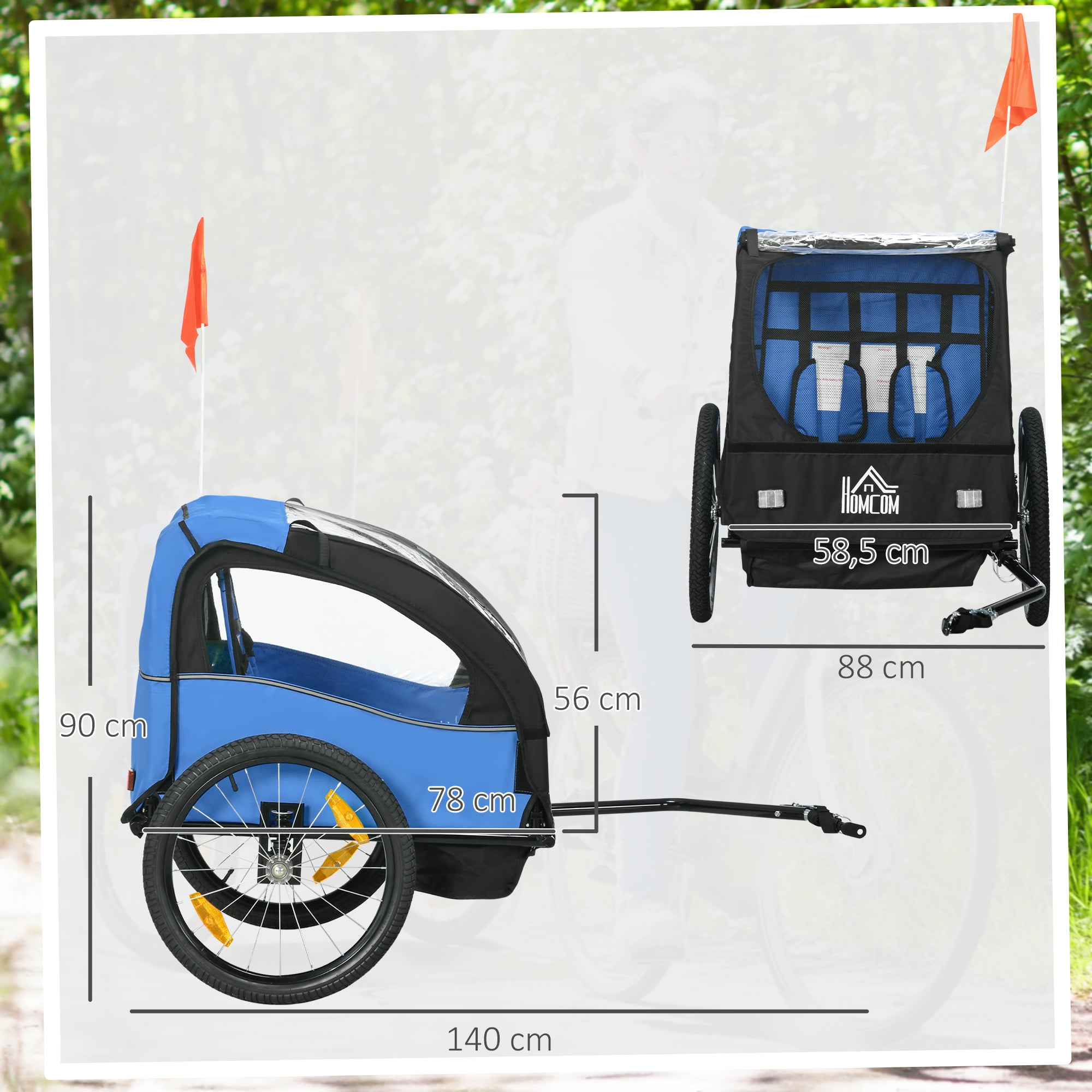 Reboque de Bicicleta para Crianças 2 Lugares Azul 140x88x90 cm