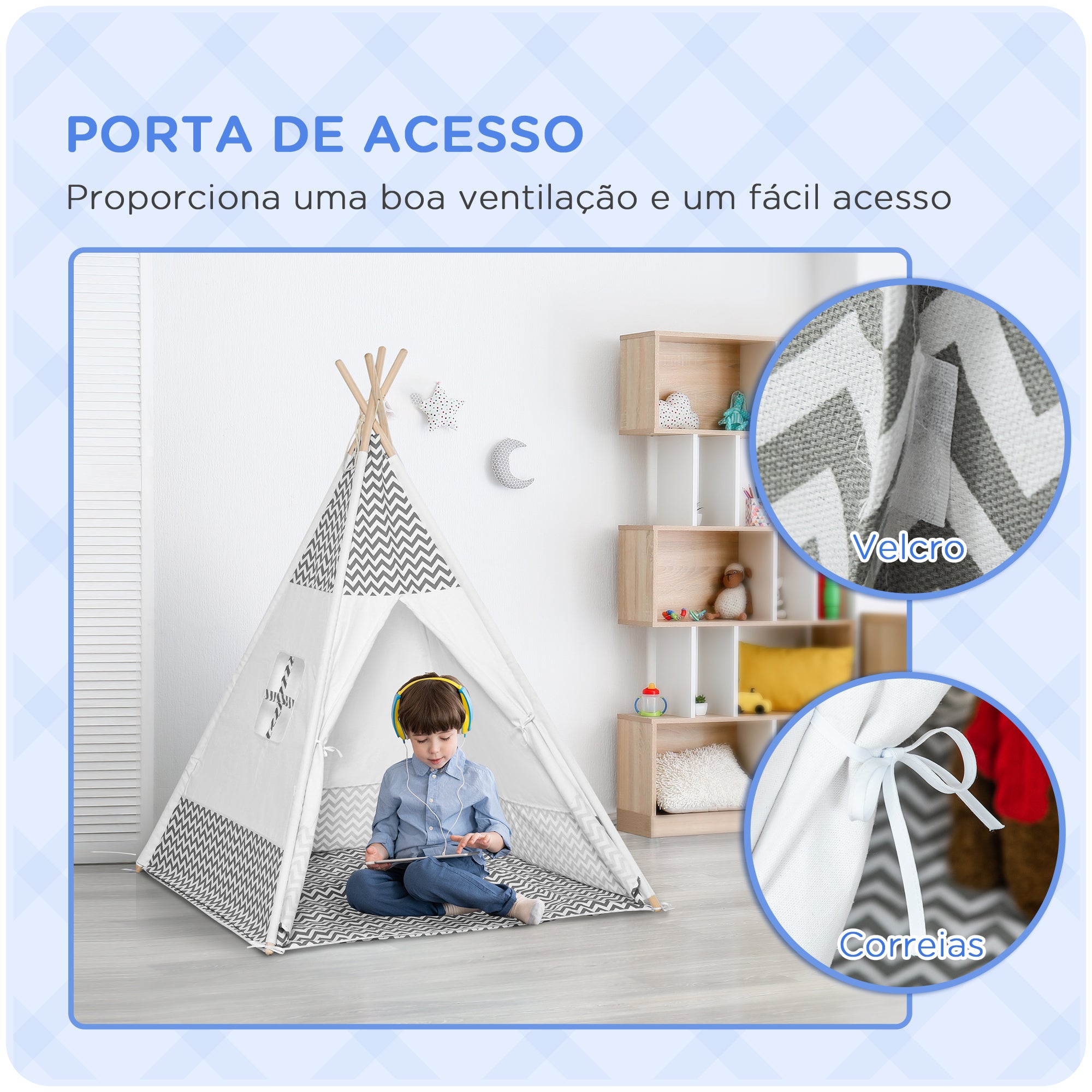 Tenda Tipi Infantil – 120x120x155 cm – Cinza Claro – Madeira e Tecido