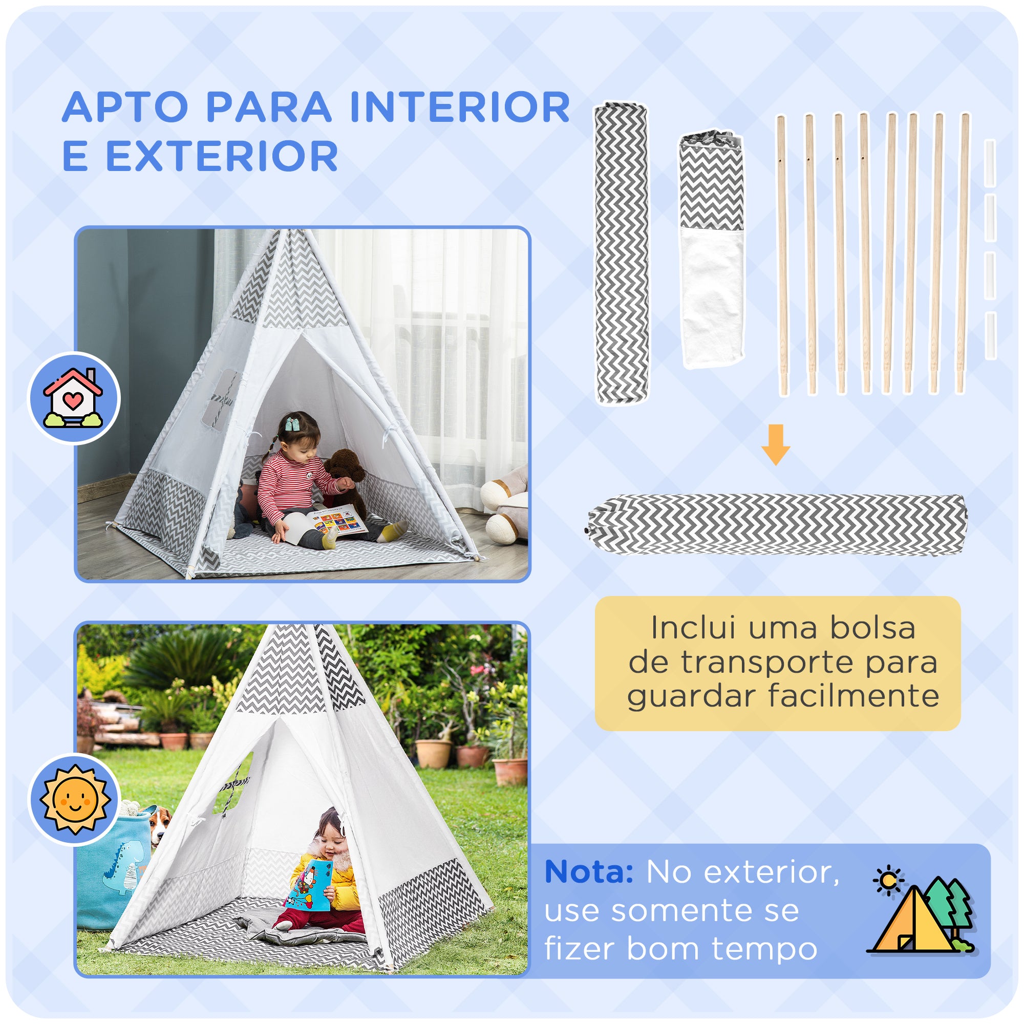 Tenda Tipi Infantil – 120x120x155 cm – Cinza Claro – Madeira e Tecido
