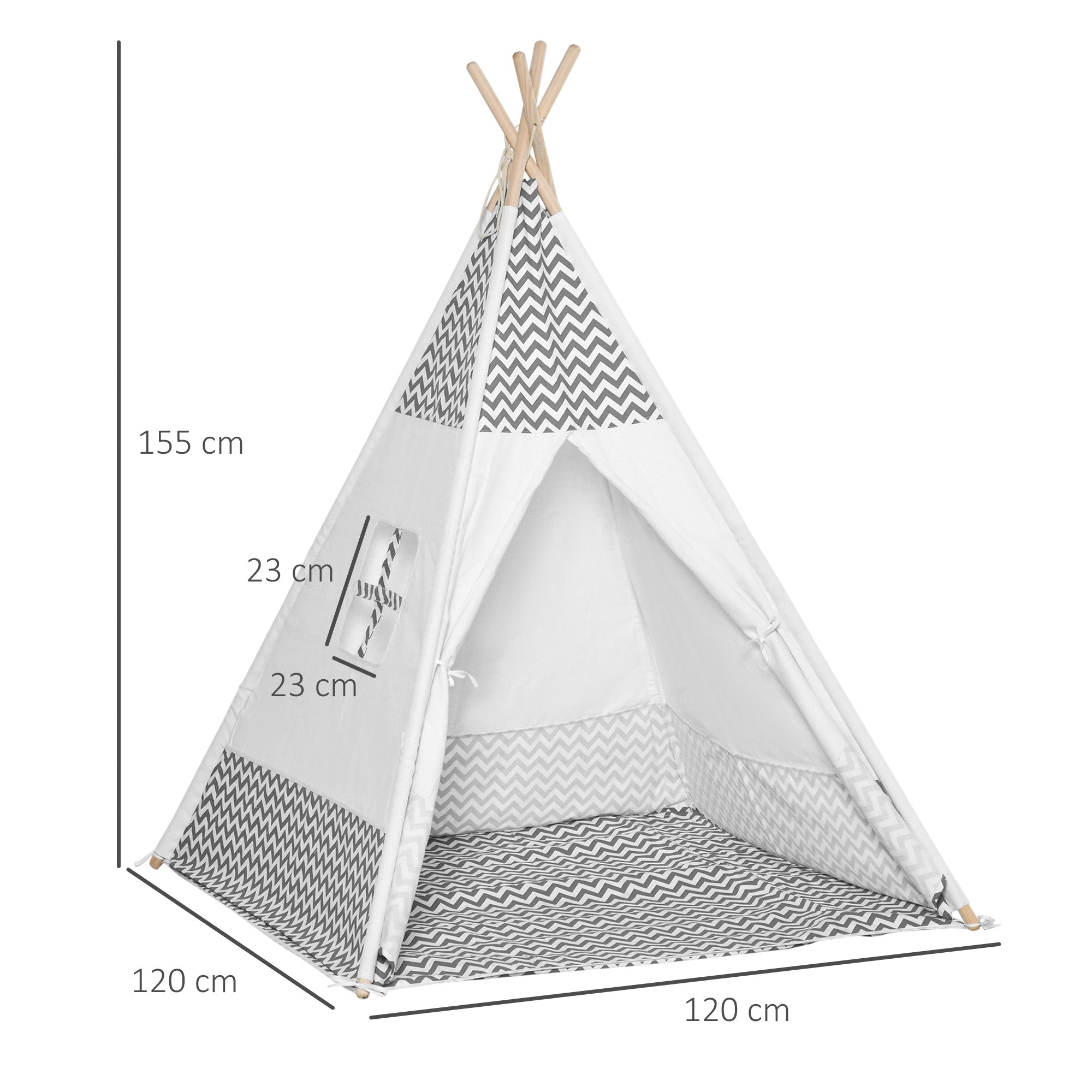 Tenda Tipi Infantil – 120x120x155 cm – Cinza Claro – Madeira e Tecido